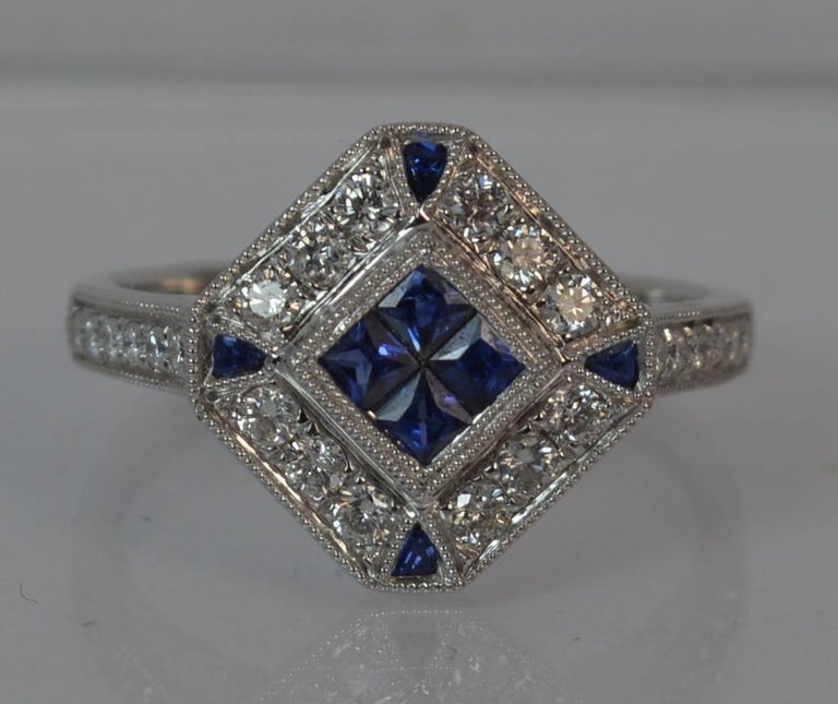 Art Deco Design Sapphire and Diamond 18 Carat White Gold Cluster Ring ...