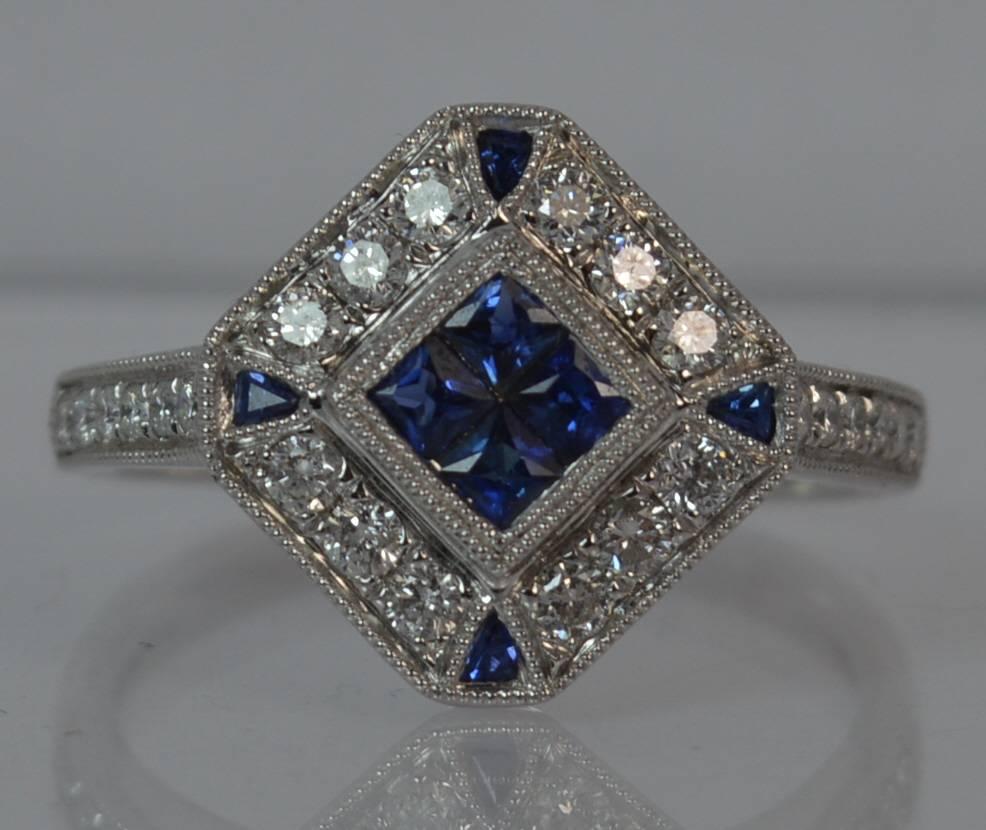 Art Deco Design Sapphire and Diamond 18 Carat White Gold Cluster Ring 7