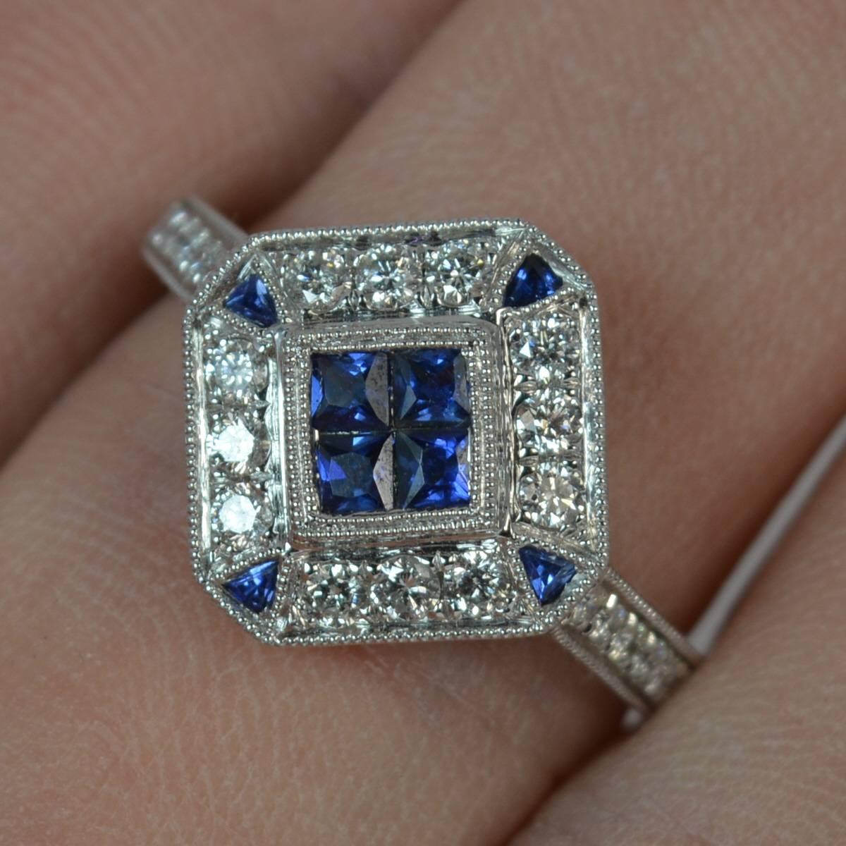 Art Deco Design Sapphire and Diamond 18 Carat White Gold Cluster Ring 8