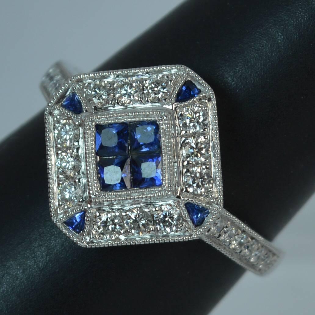 Art Deco Design Sapphire and Diamond 18 Carat White Gold Cluster Ring 10
