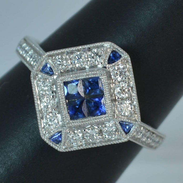 Art Deco Design Sapphire and Diamond 18 Carat White Gold Cluster Ring ...