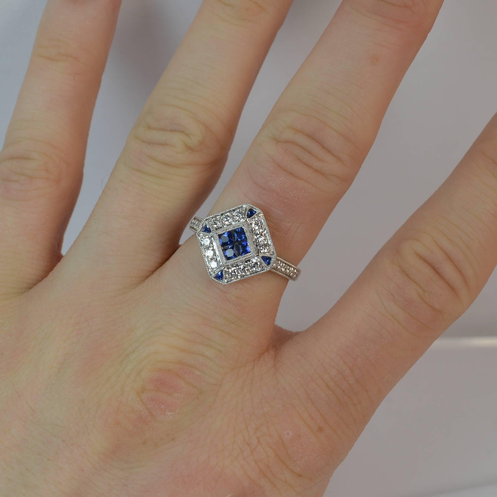Princess Cut Art Deco Design Sapphire and Diamond 18 Carat White Gold Cluster Ring
