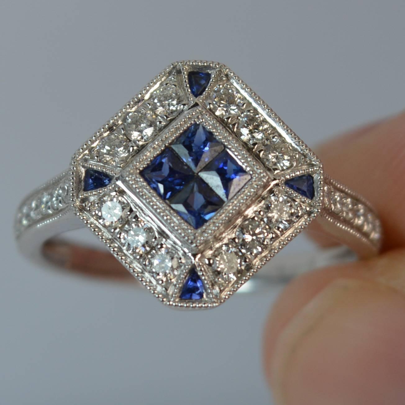 Art Deco Design Sapphire and Diamond 18 Carat White Gold Cluster Ring In Excellent Condition In St Helens, GB