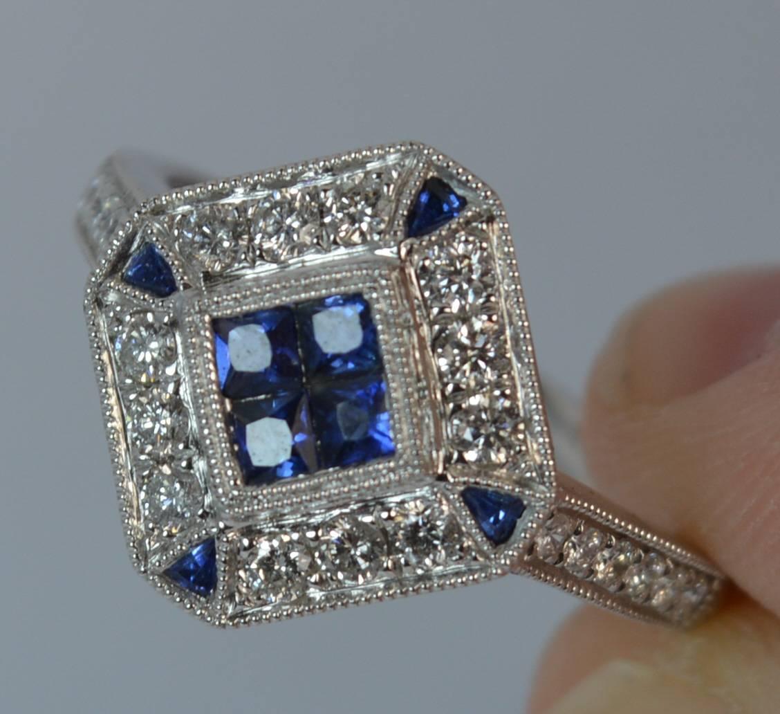 Women's Art Deco Design Sapphire and Diamond 18 Carat White Gold Cluster Ring