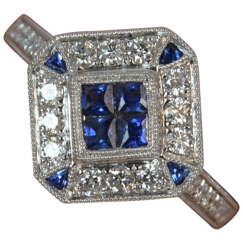 Art Deco Design Sapphire and Diamond 18 Carat White Gold Cluster Ring