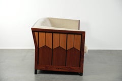 Art Deco design sofa with beautiful woodwork and cream fabric upholstery