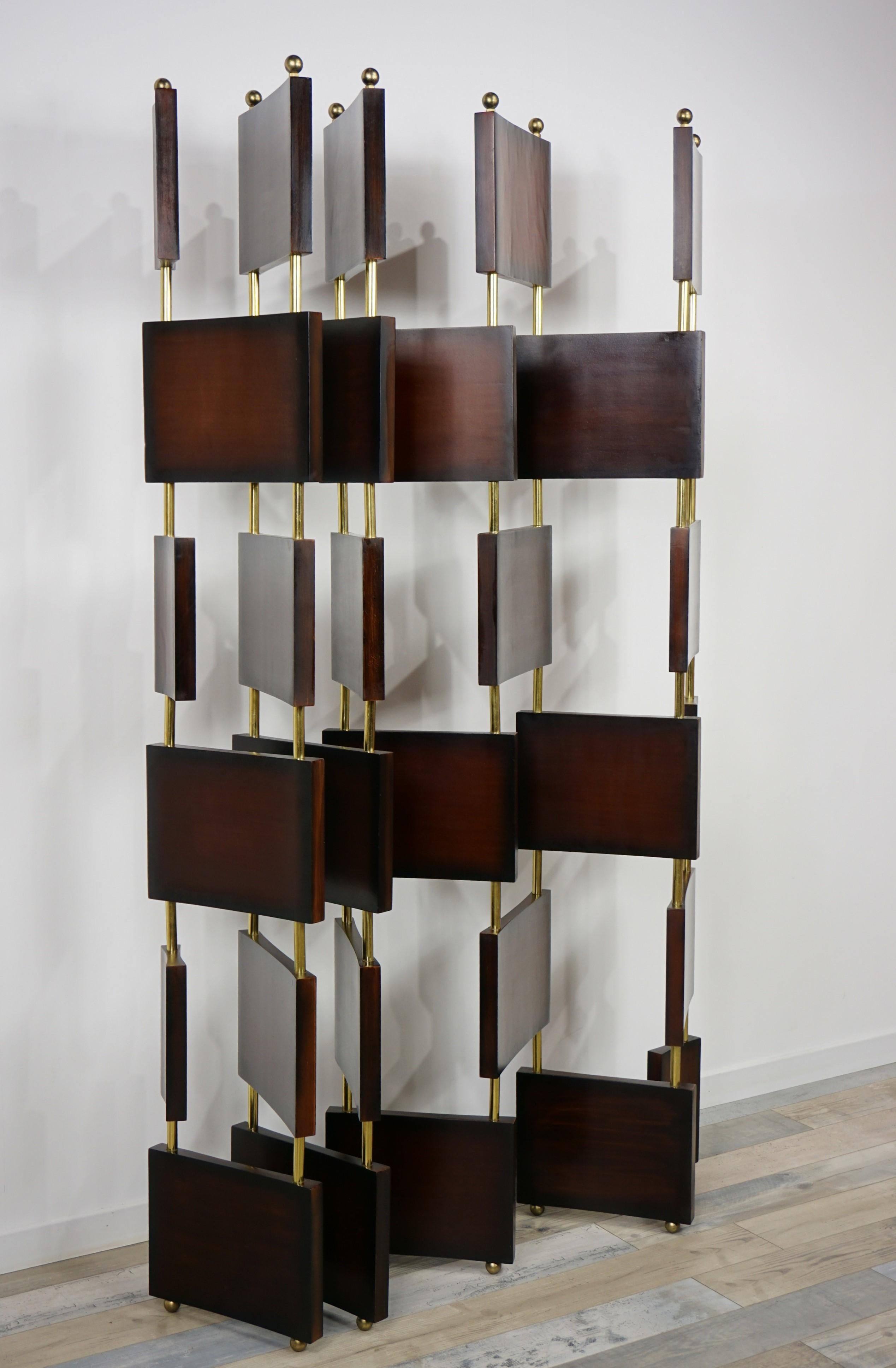 Art Deco Design Style Teak Wooden Panel and Brass Modular Screen Divider For Sale 12