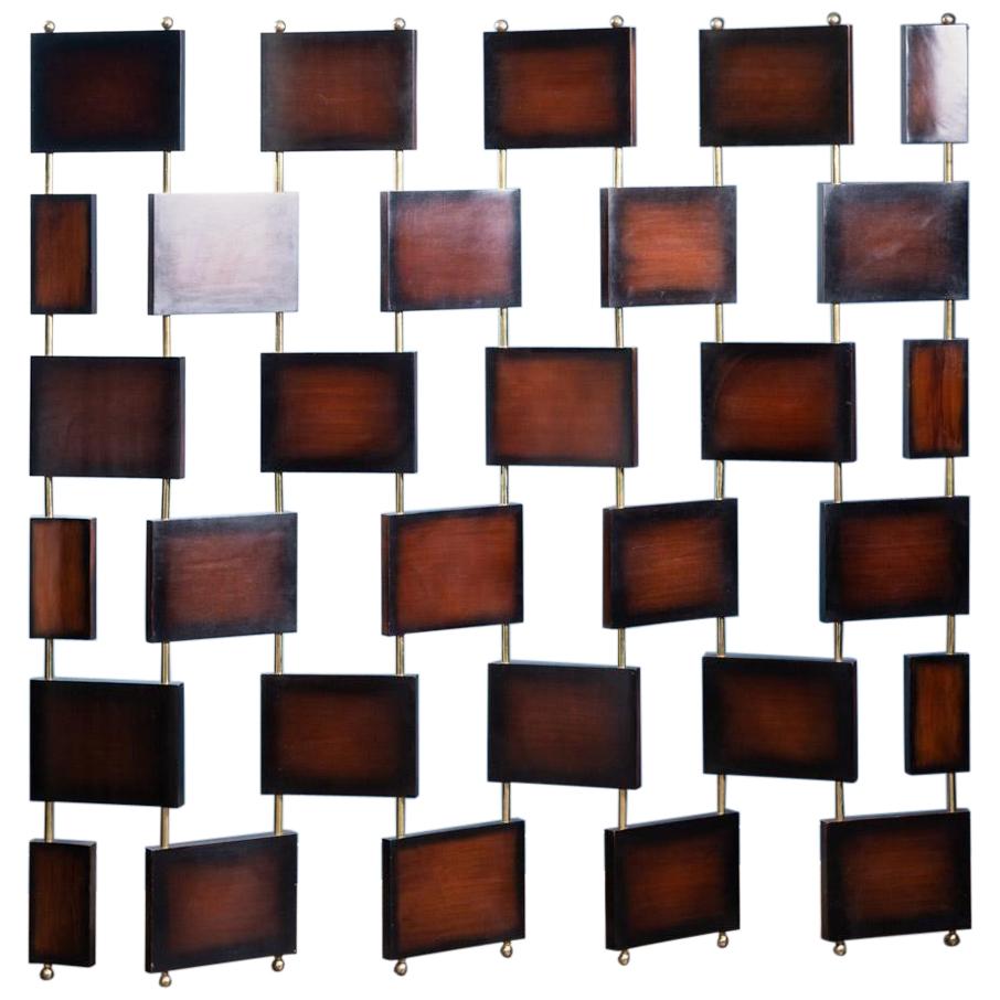 Contemporary Art Deco Design Style Teak Wooden Panel and Brass Modular Screen Divider For Sale