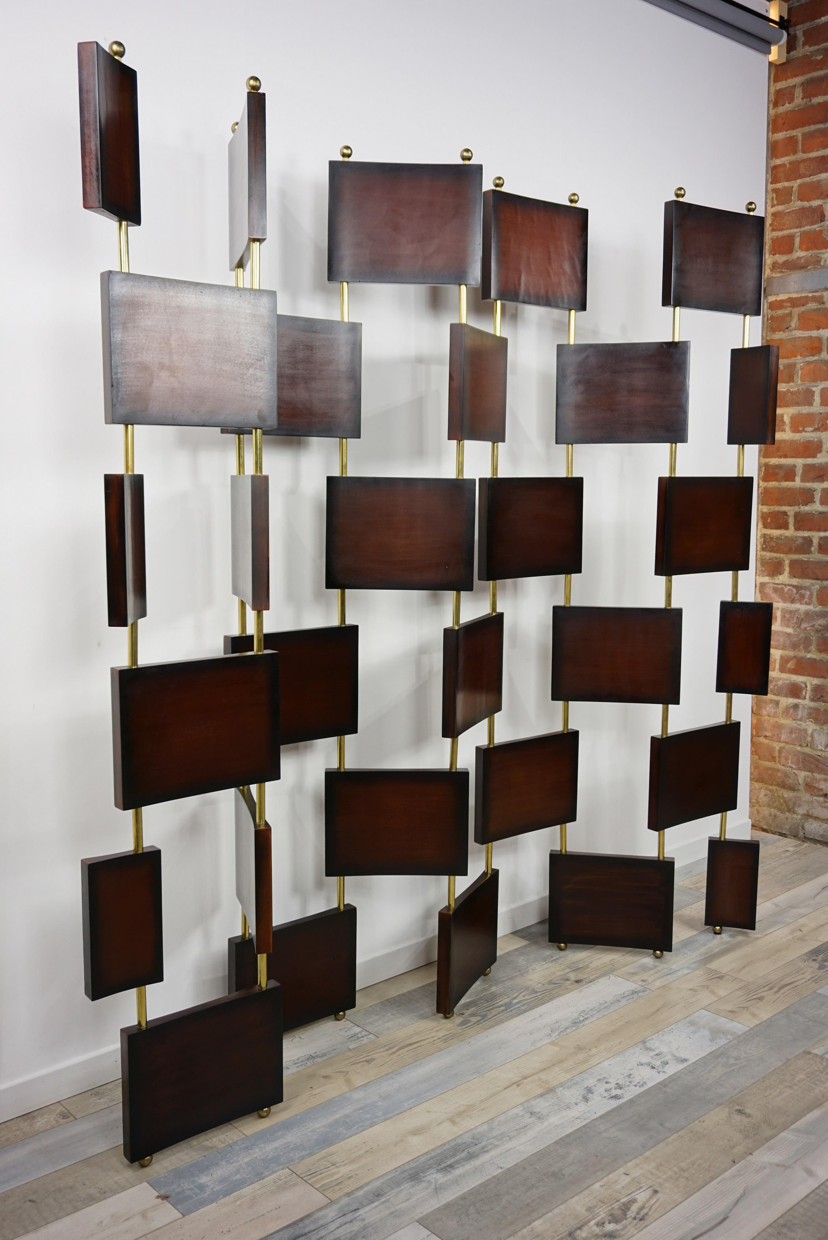 Art Deco Design Style Teak Wooden Panel and Brass Modular Screen Divider For Sale 2