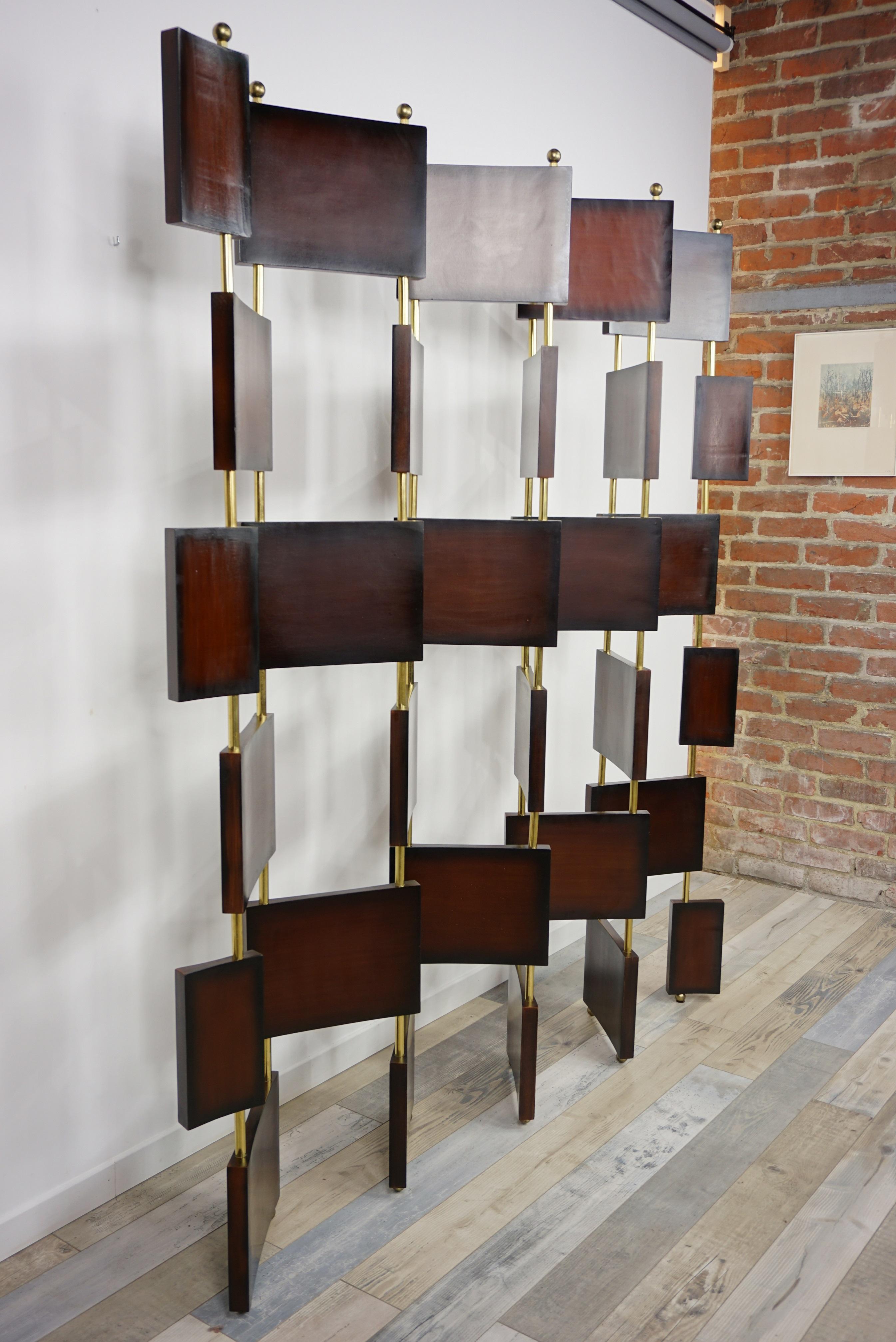 Art Deco Design Style Teak Wooden Panel and Brass Modular Screen Divider For Sale 4