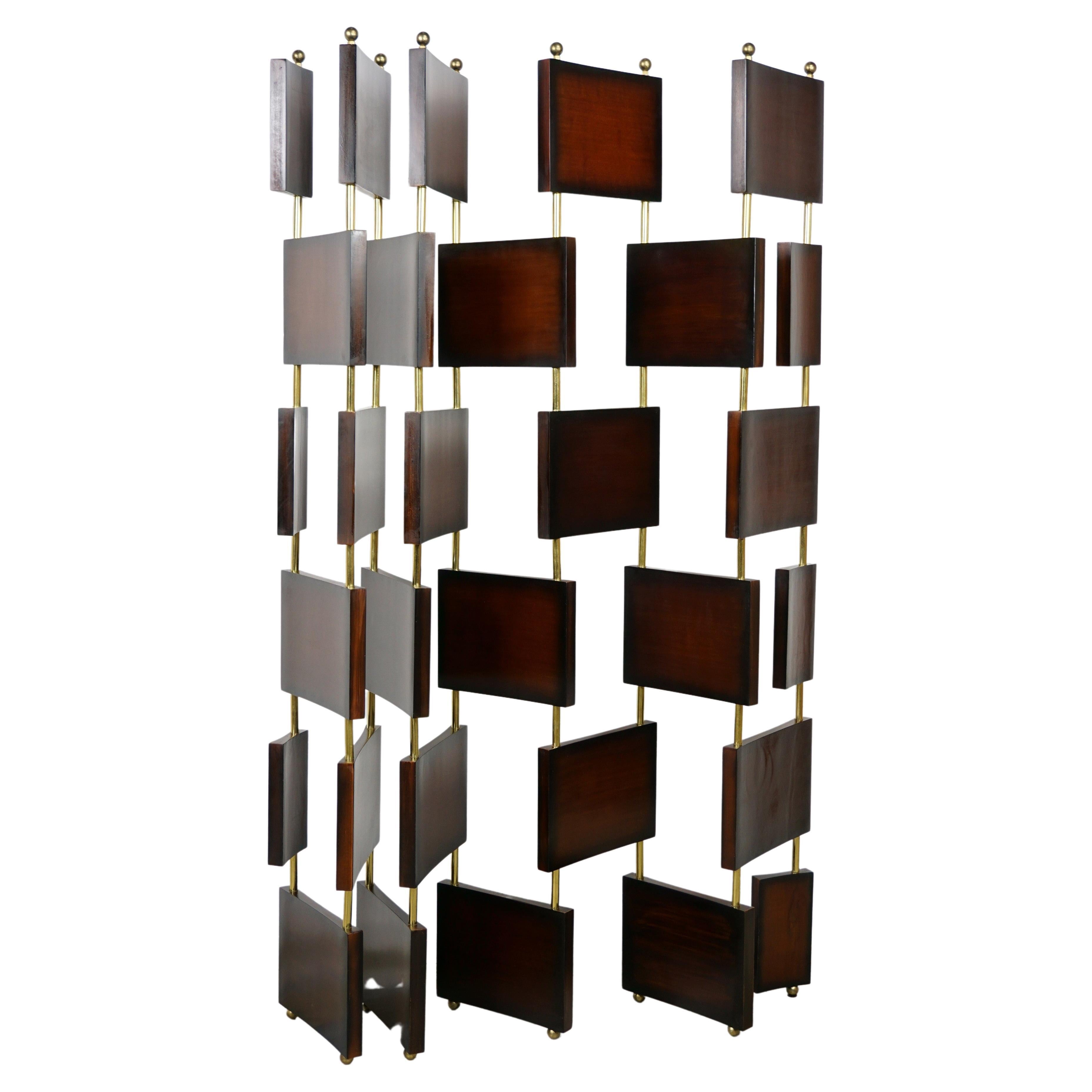 Art Deco Design Style Teak Wooden Panel and Brass Modular Screen Divider For Sale