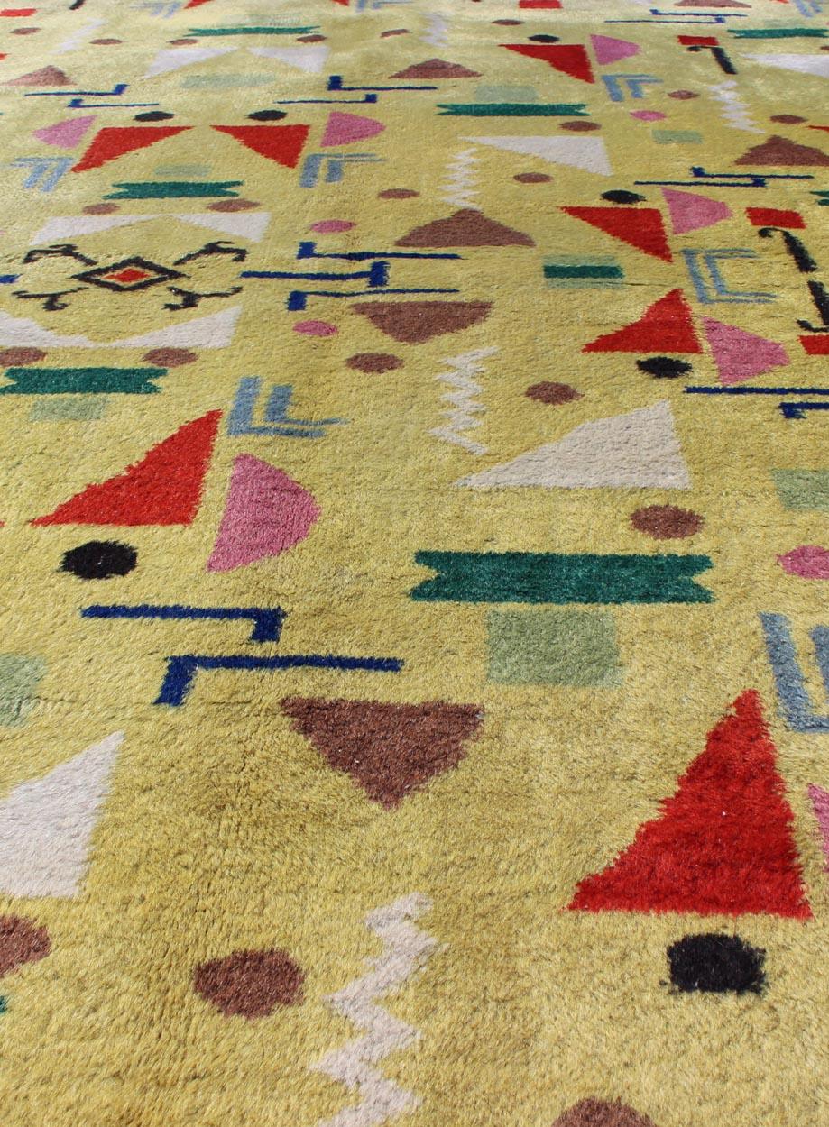 Mid-Century Modern Vintage Turkish Rug in Yellow Background and Multi-Colors For Sale 1
