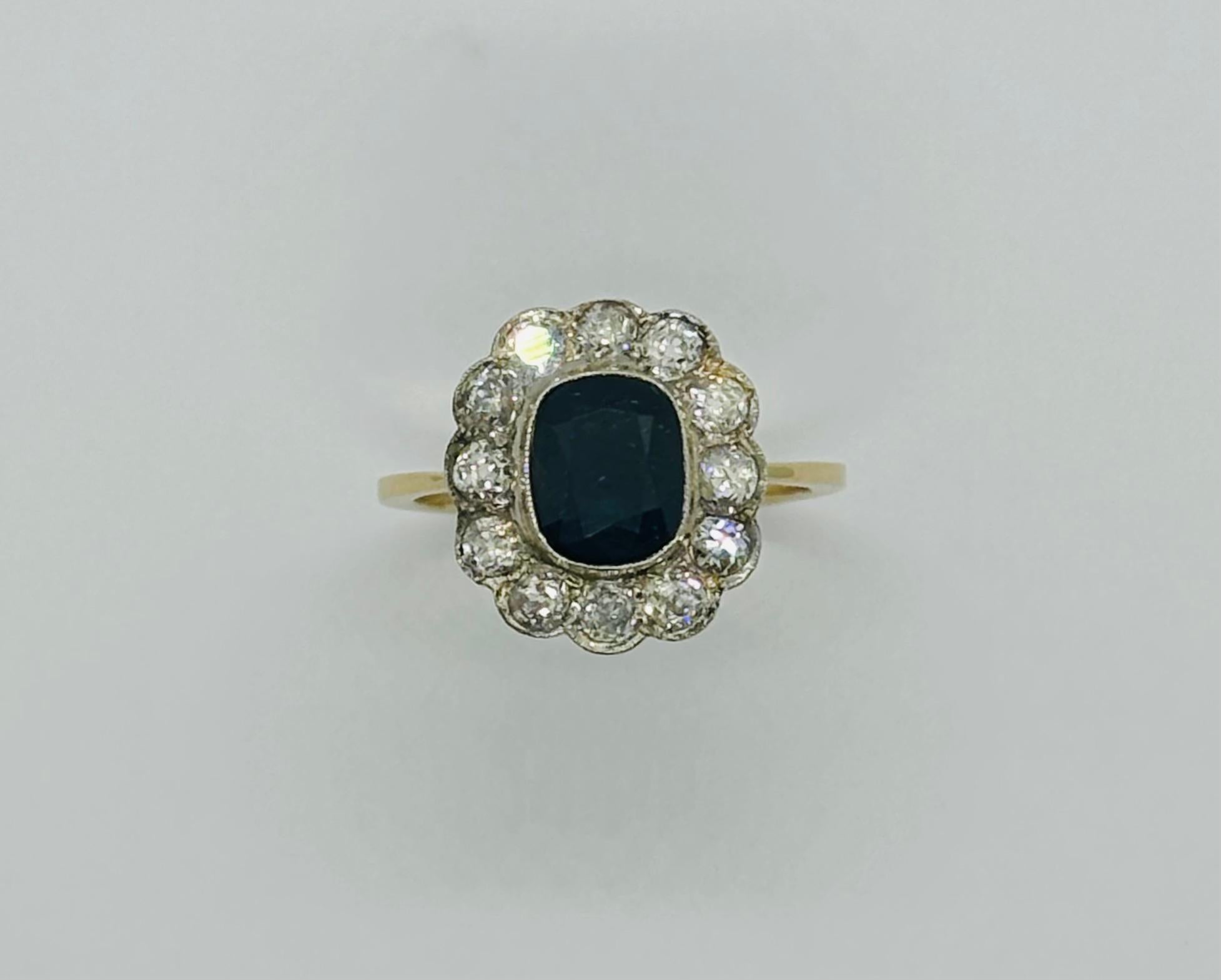 Art Deco Design with 2 ct Sapphire and 0.84ct Diamonds 18k Gold & Platinum Ring 4