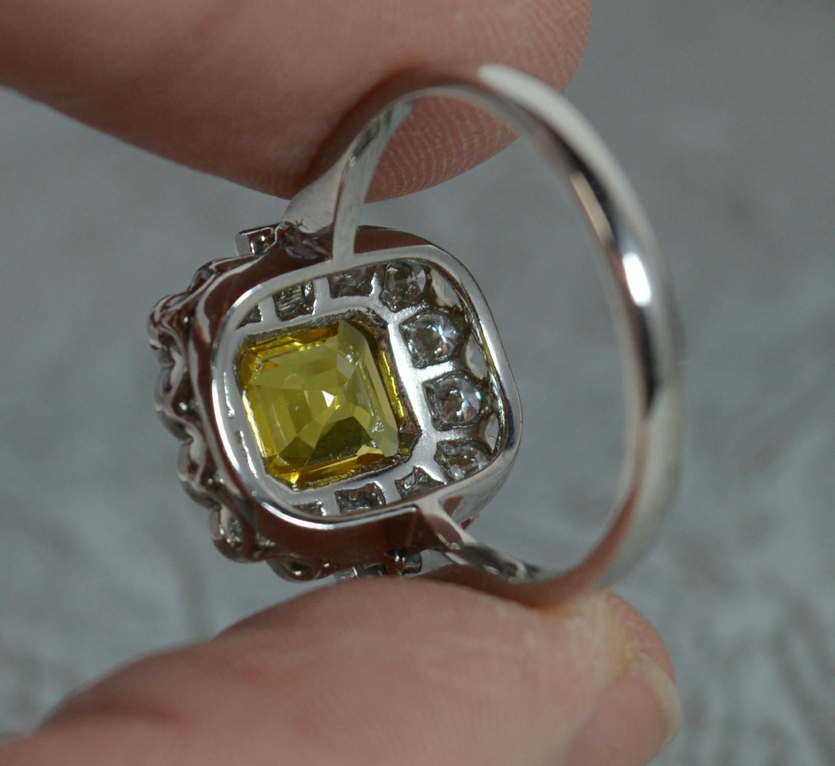 Art Deco Style Design Yellow Sapphire VS Diamond Platinum Cluster Ring 6