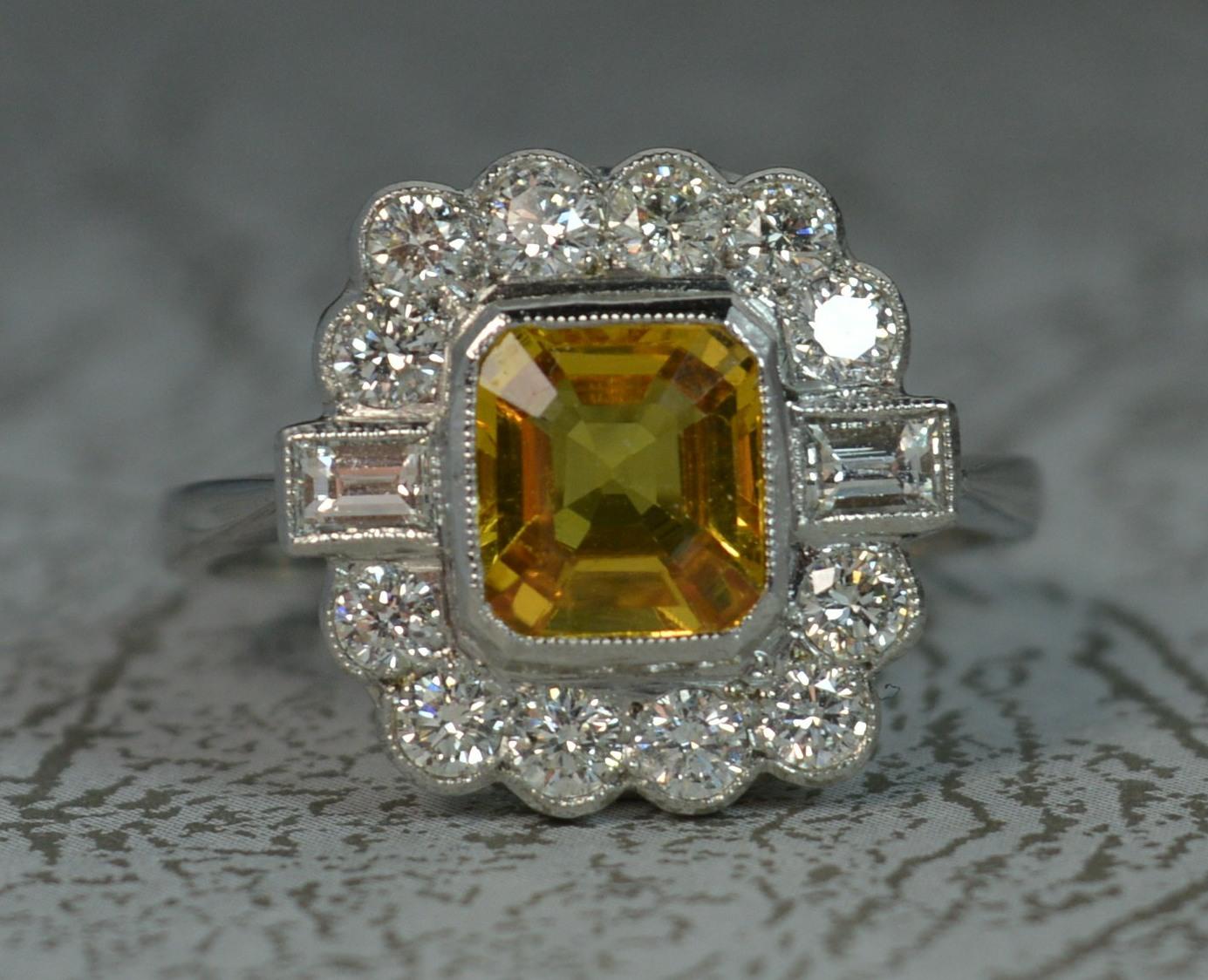 Art Deco Style Design Yellow Sapphire VS Diamond Platinum Cluster Ring 7