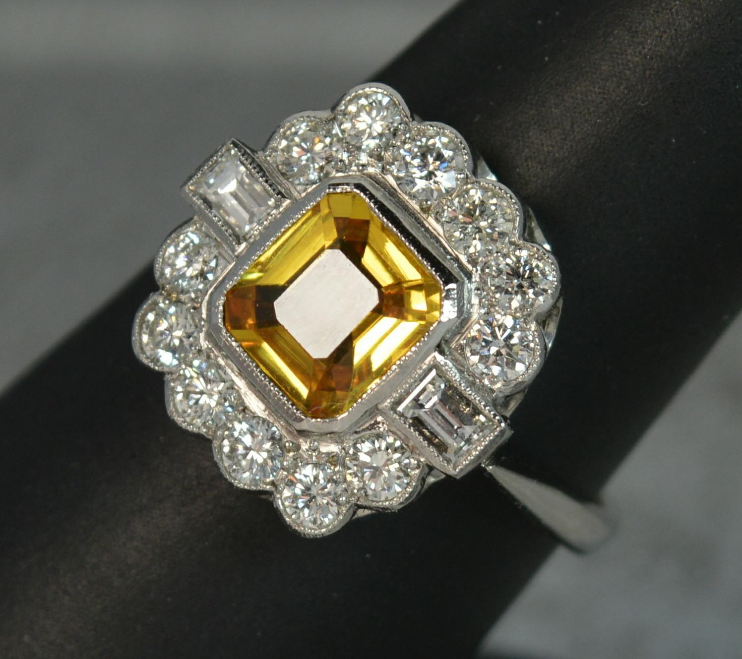 Art Deco Style Design Yellow Sapphire VS Diamond Platinum Cluster Ring 8