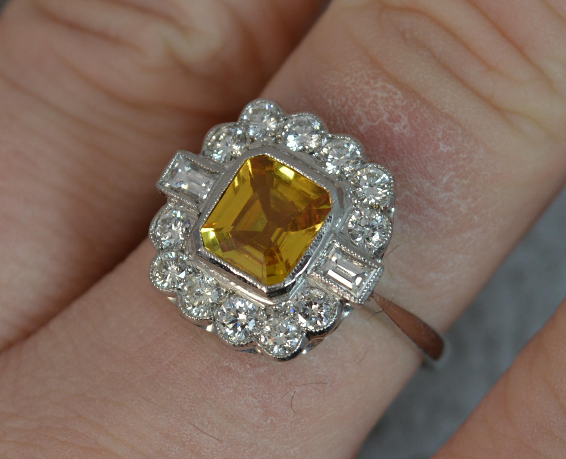 Art Deco Style Design Yellow Sapphire VS Diamond Platinum Cluster Ring In Excellent Condition In St Helens, GB