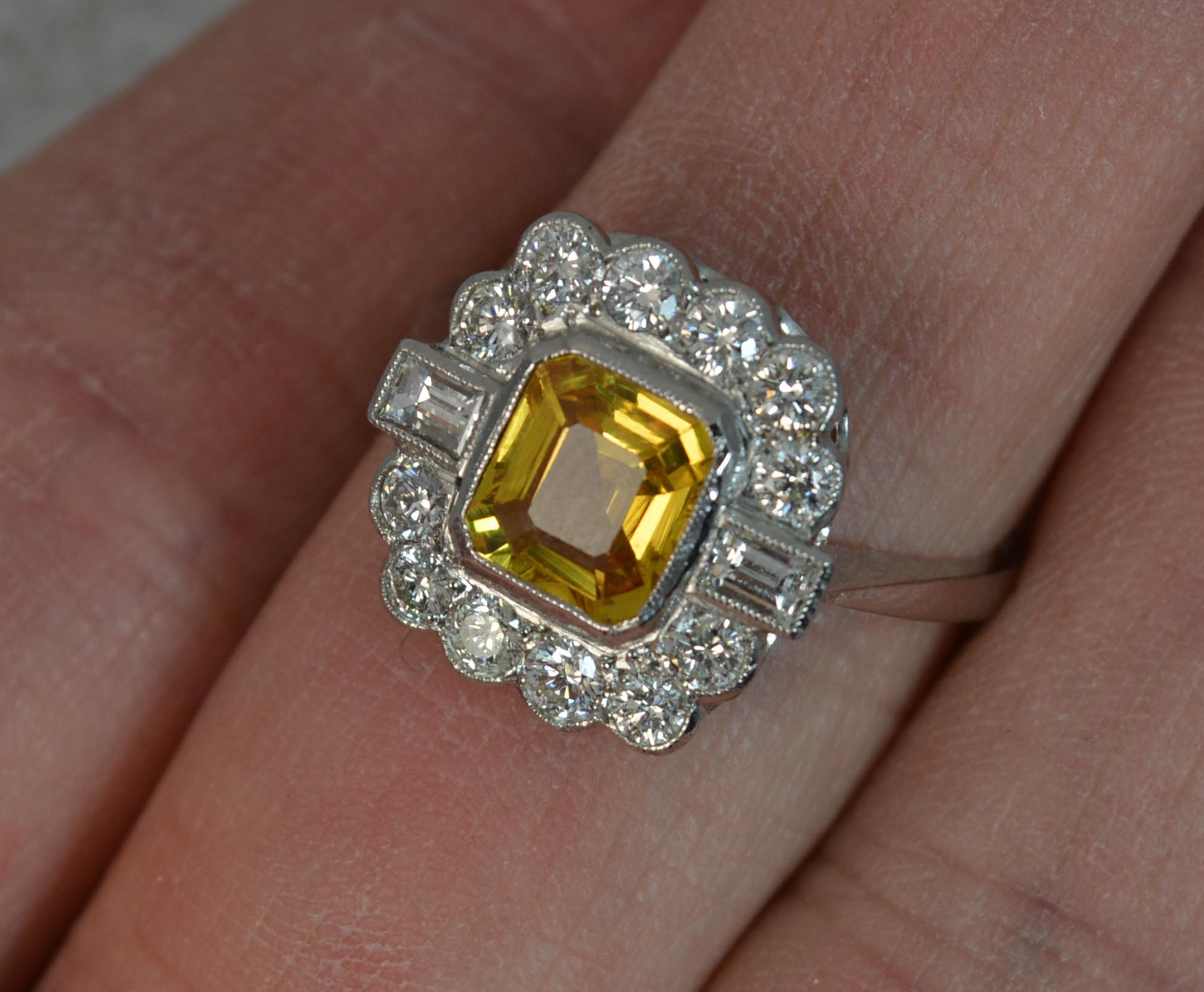 Art Deco Style Design Yellow Sapphire VS Diamond Platinum Cluster Ring 2