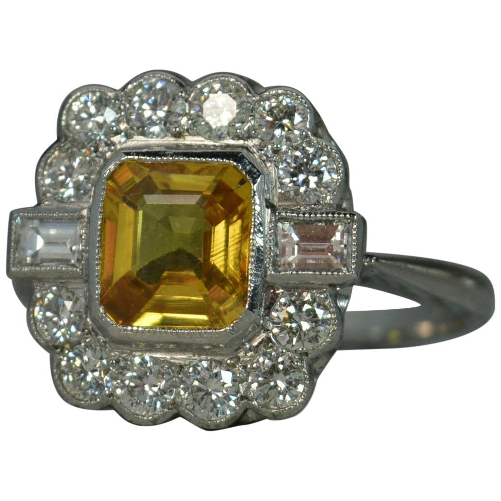 Art Deco Style Design Yellow Sapphire VS Diamond Platinum Cluster Ring