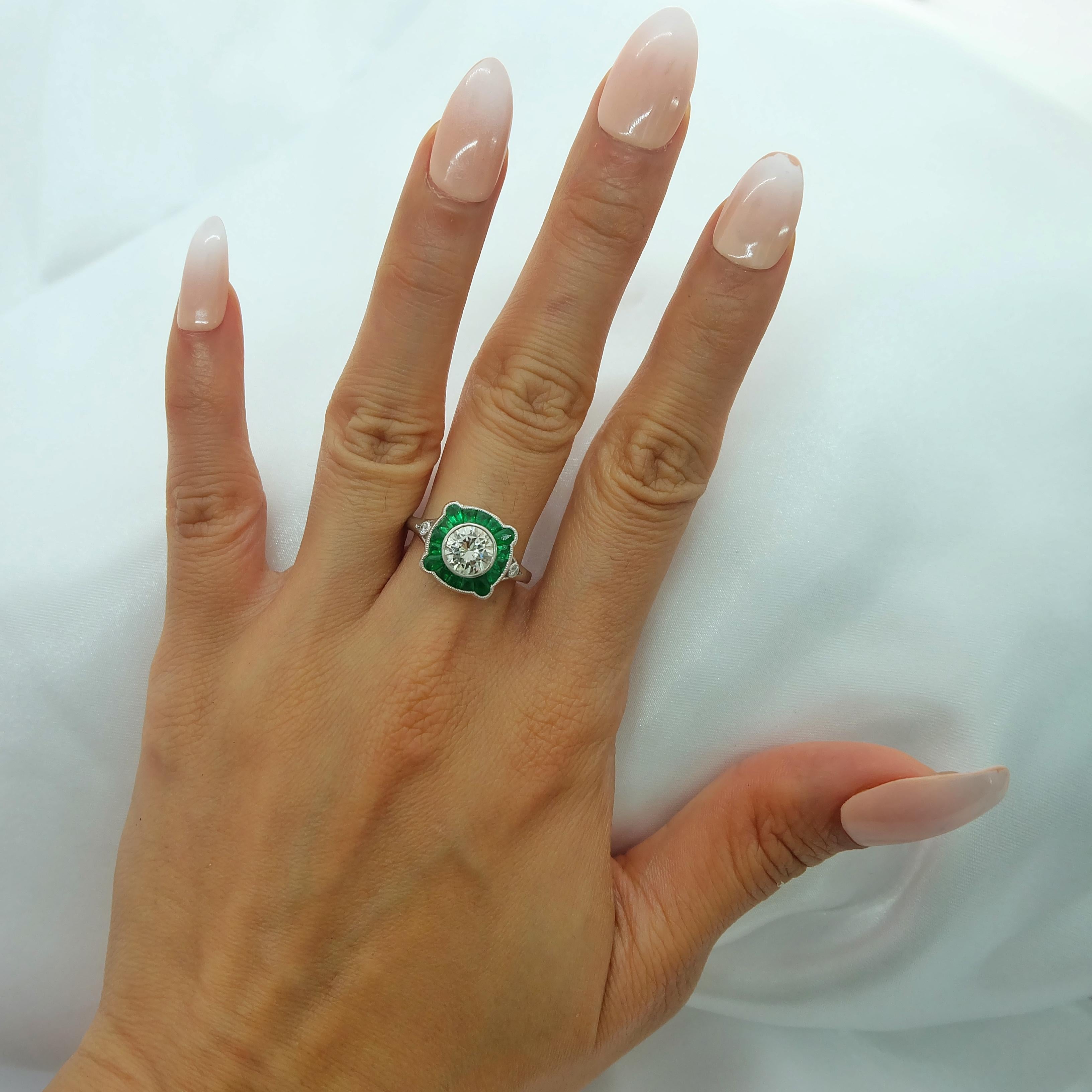 Round Cut Sophia D. Diamond and Emerald Art Deco Ring For Sale
