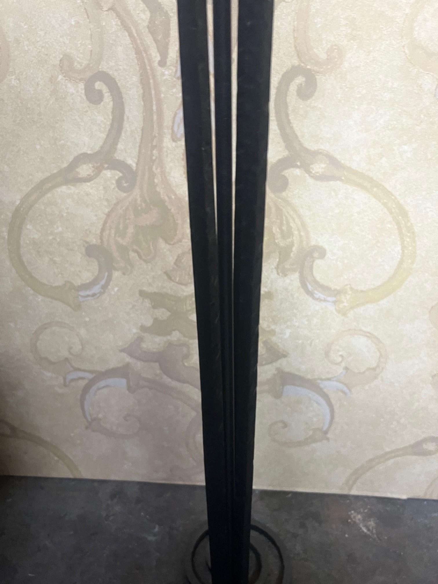 Art Deco designed Floor Lamp made in the style of Artist Paul Kiss . All hand forged mild steel with circular designs and circular designs in the base . All finished in a Semi-gloss Black painted finish . Has a large 19 1/2 dia Alabaster shade from