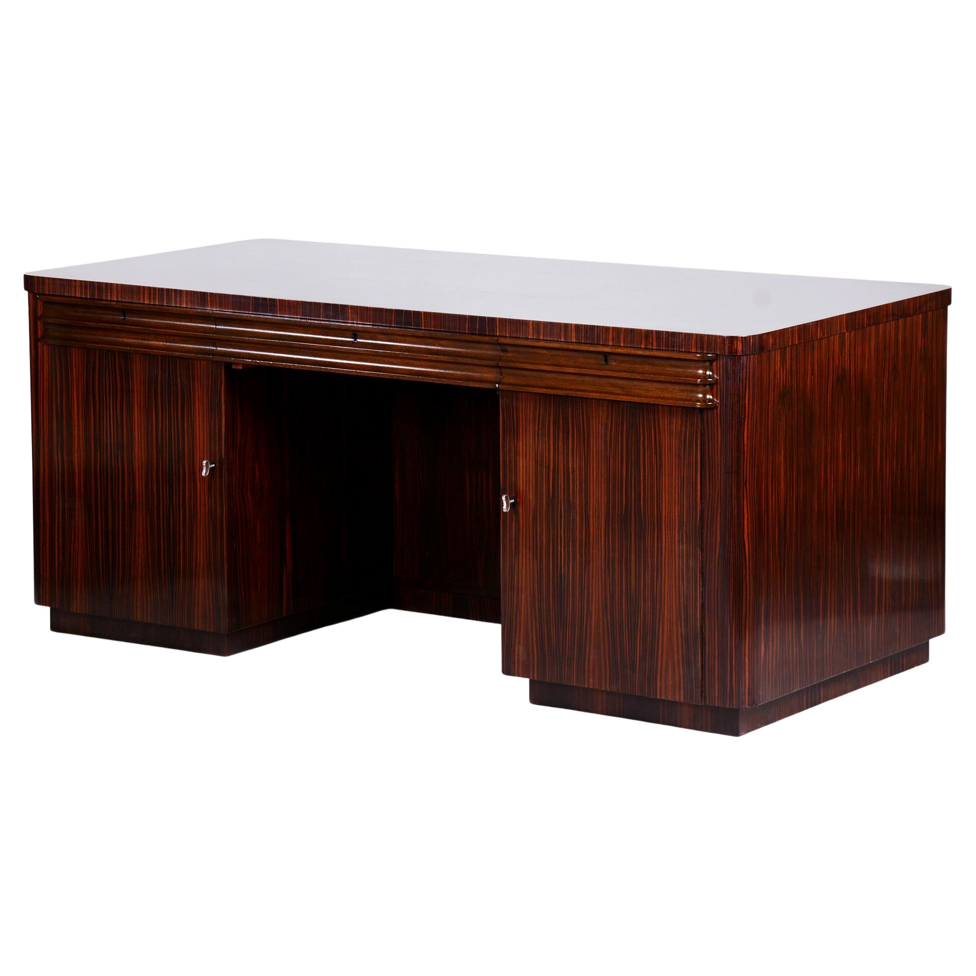 Art Deco Desk, 1920s France, Restored Ebony and Oak