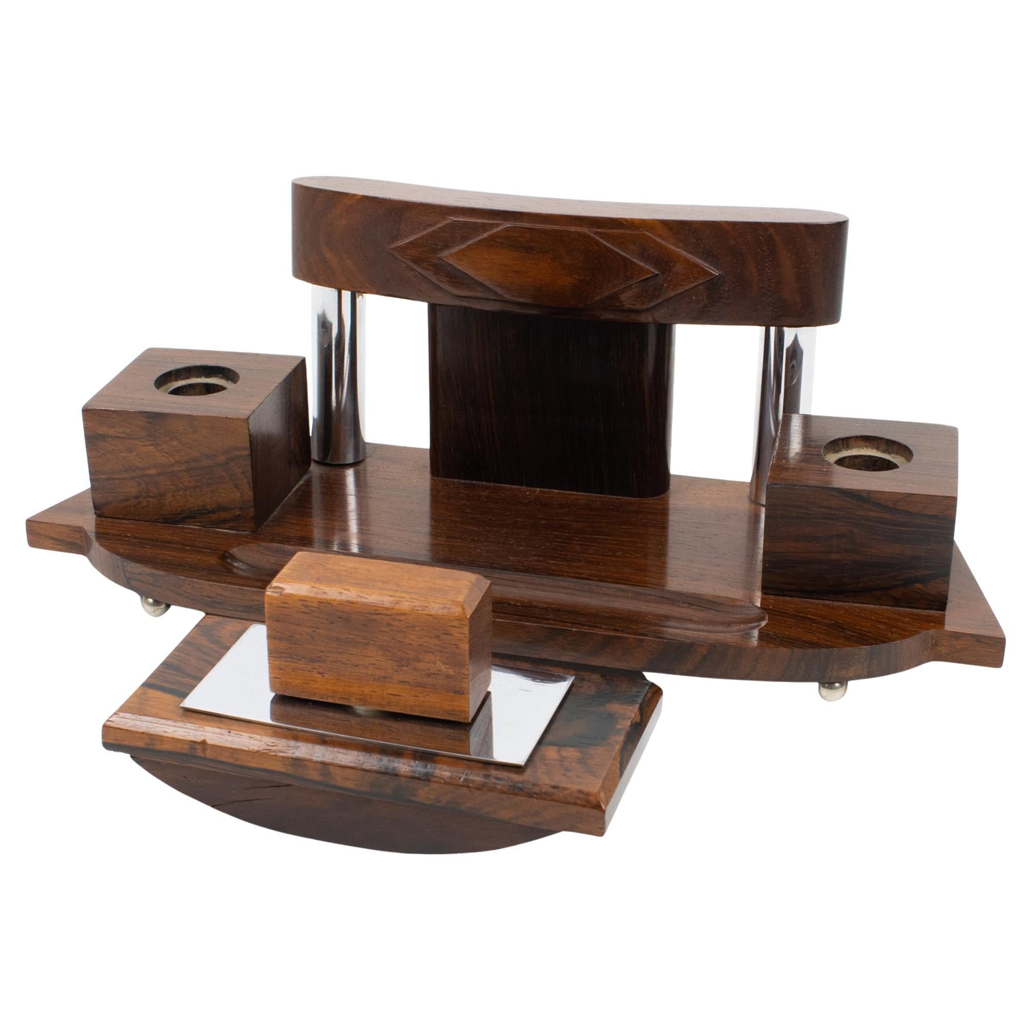 Art Deco Desk Accessory, Macassar Wood and Metal Inkwell and Blotter, circa 1930 For Sale