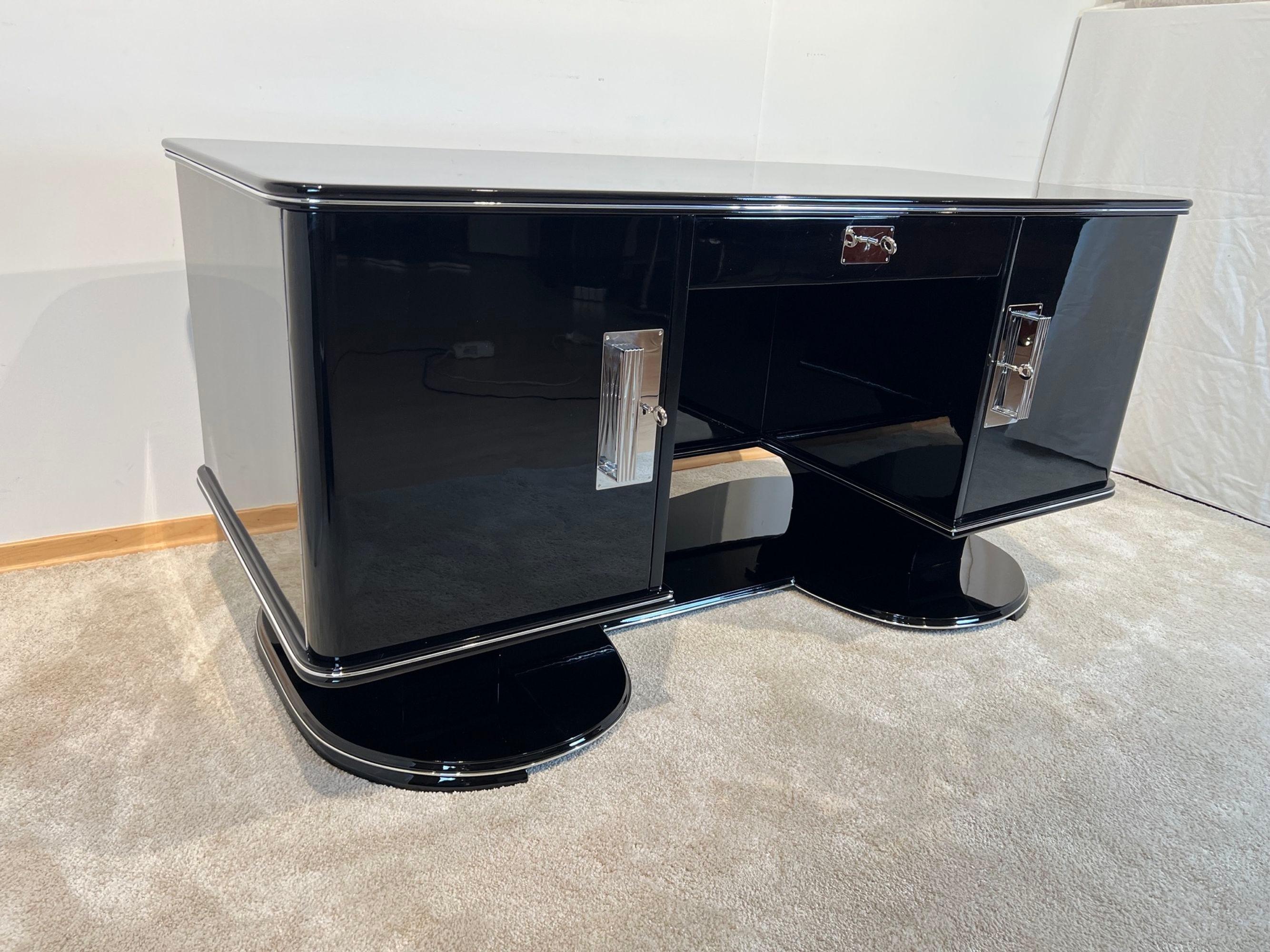 Bureau Art Déco, laque noire, chrome, acajou, France, années 1950 en vente 3