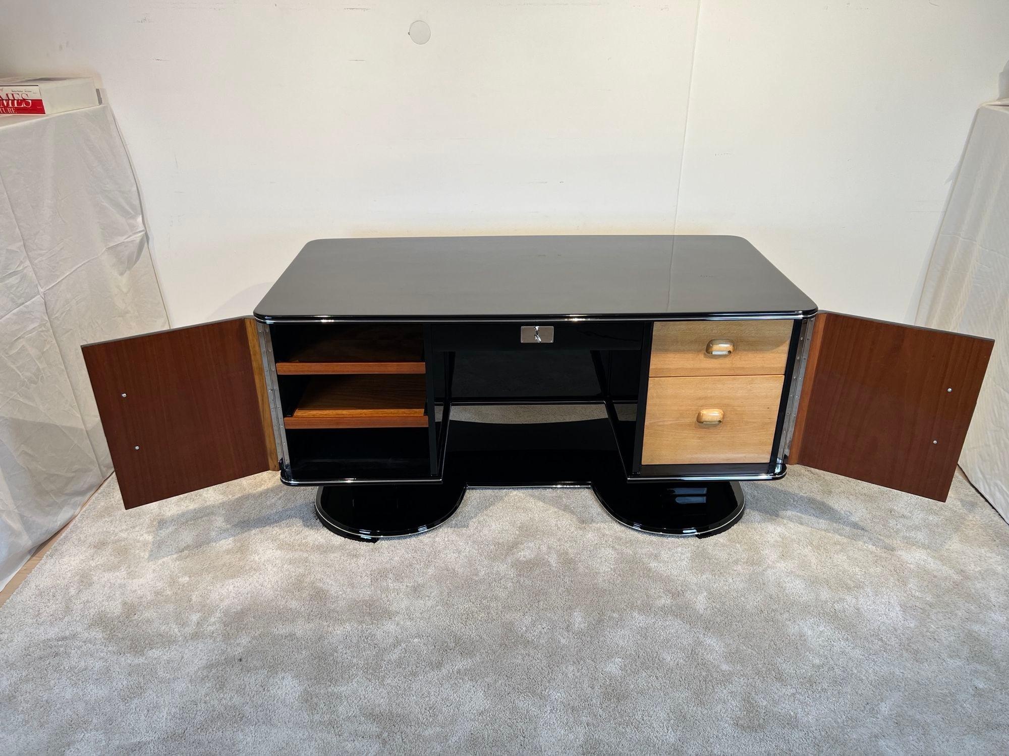 Mid-20th Century Art Deco Desk, Black Lacquer, Chrome, Mahogany, France, 1950s For Sale