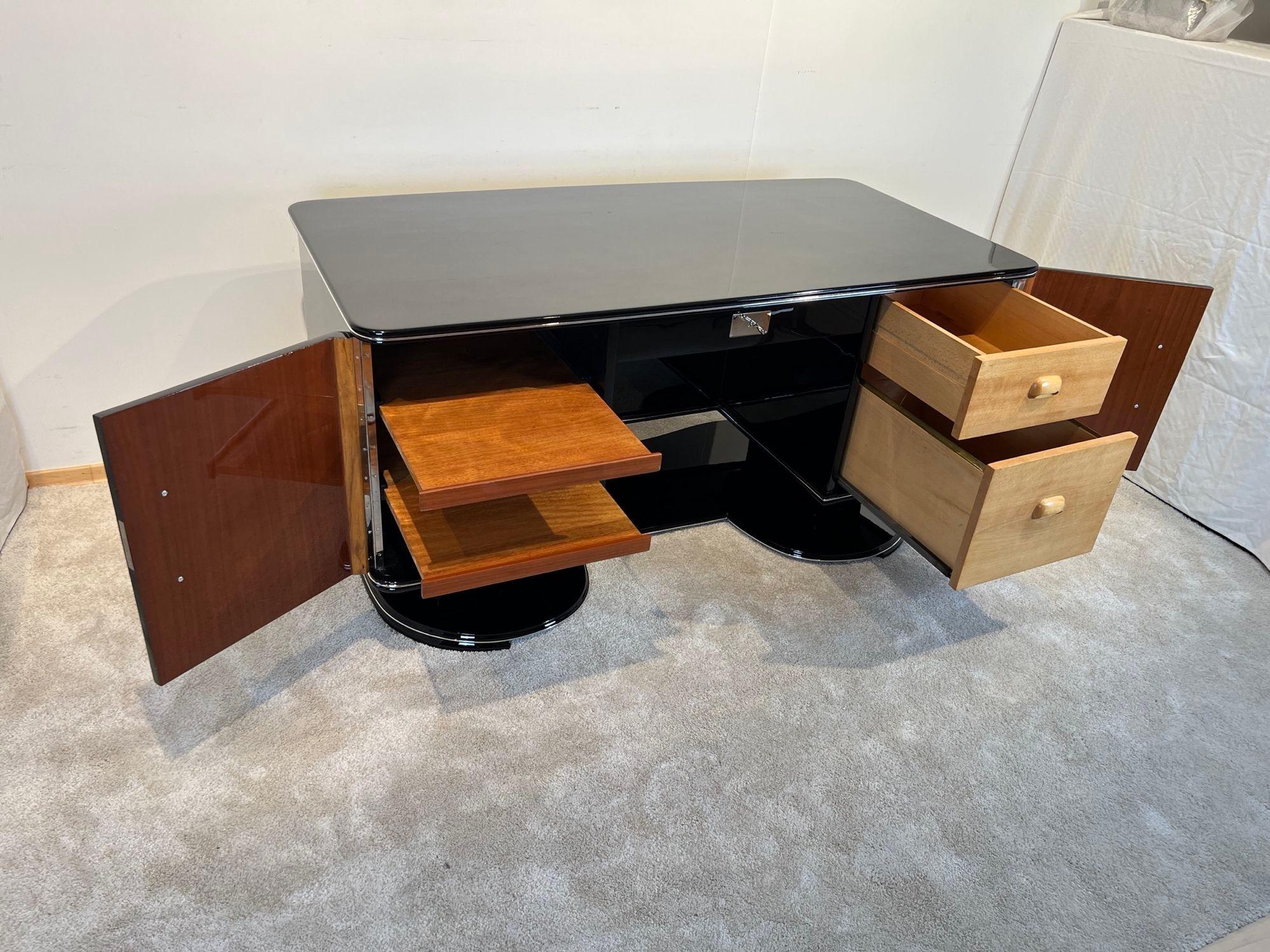 Art Deco Desk, Black Lacquer, Chrome, Mahogany, France, 1950s For Sale 1
