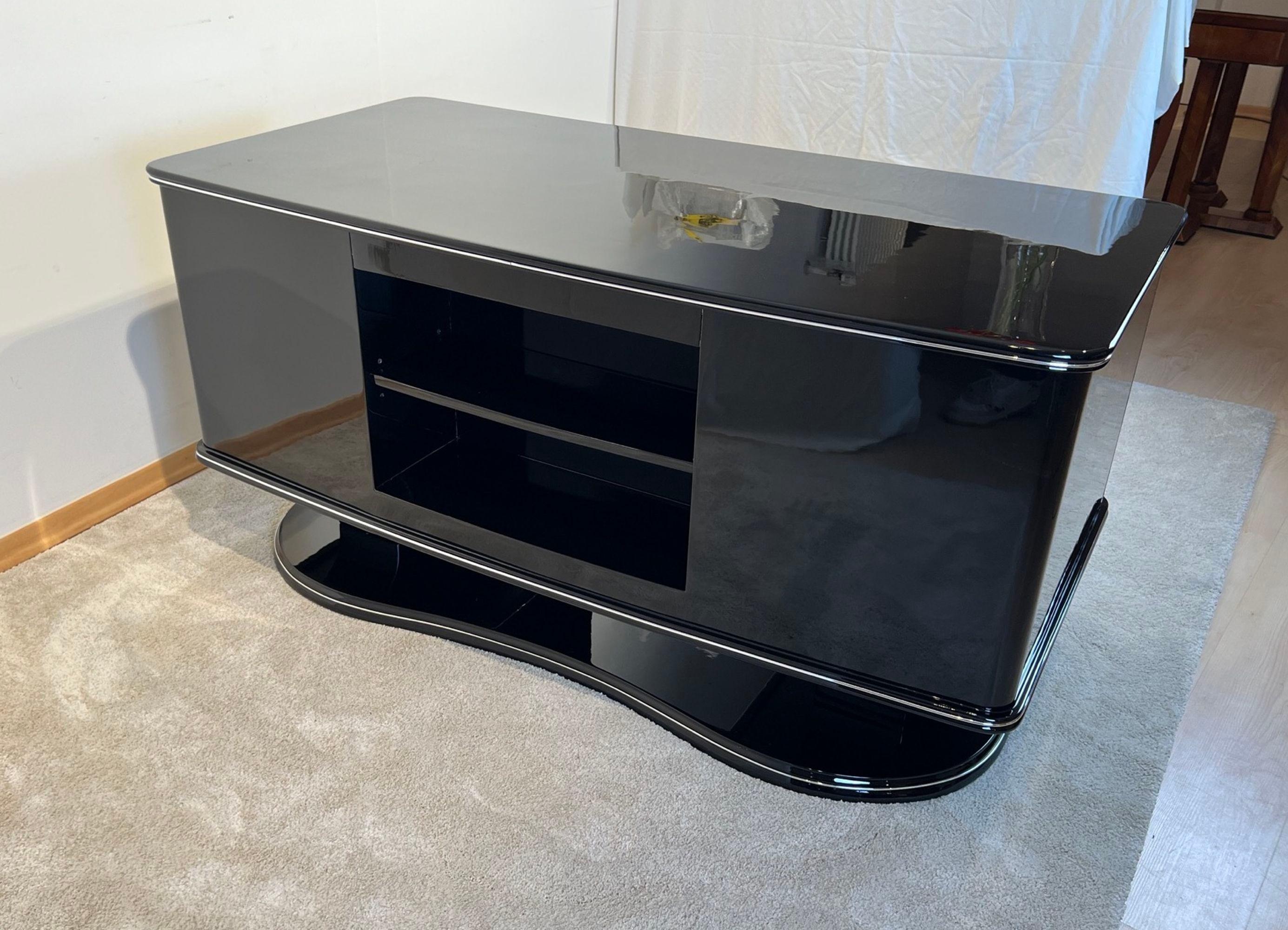 Chrome Bureau Art Déco, laque noire, chrome, acajou, France, années 1950 en vente