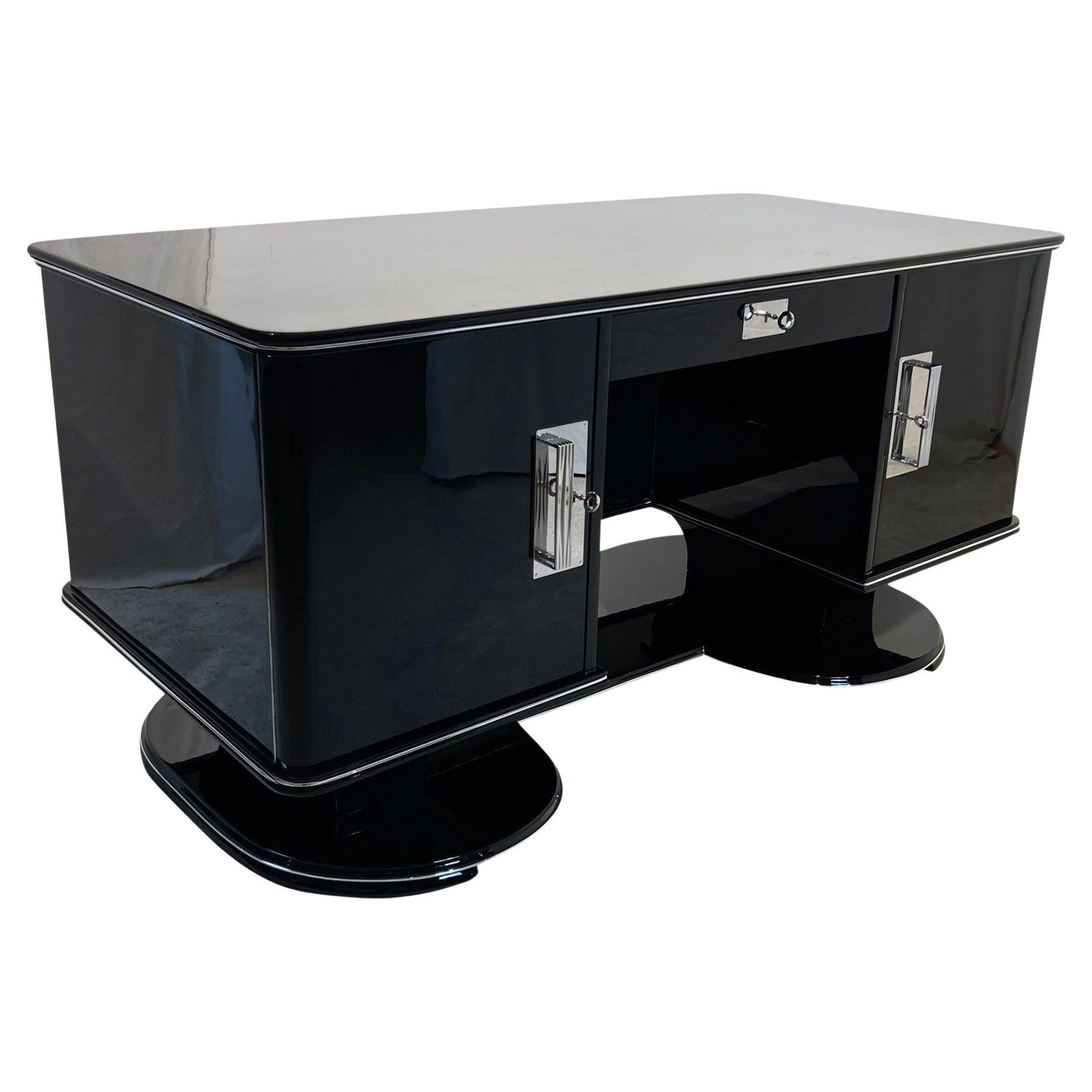 Bureau Art Déco, laque noire, chrome, acajou, France, années 1950