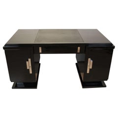 Art Deco Desk, Black Lacquer, Leather, Nickel, France circa 1930