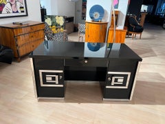 Art Deco Desk, Black Lacquer, Walnut, Metal, France, circa 1930/40