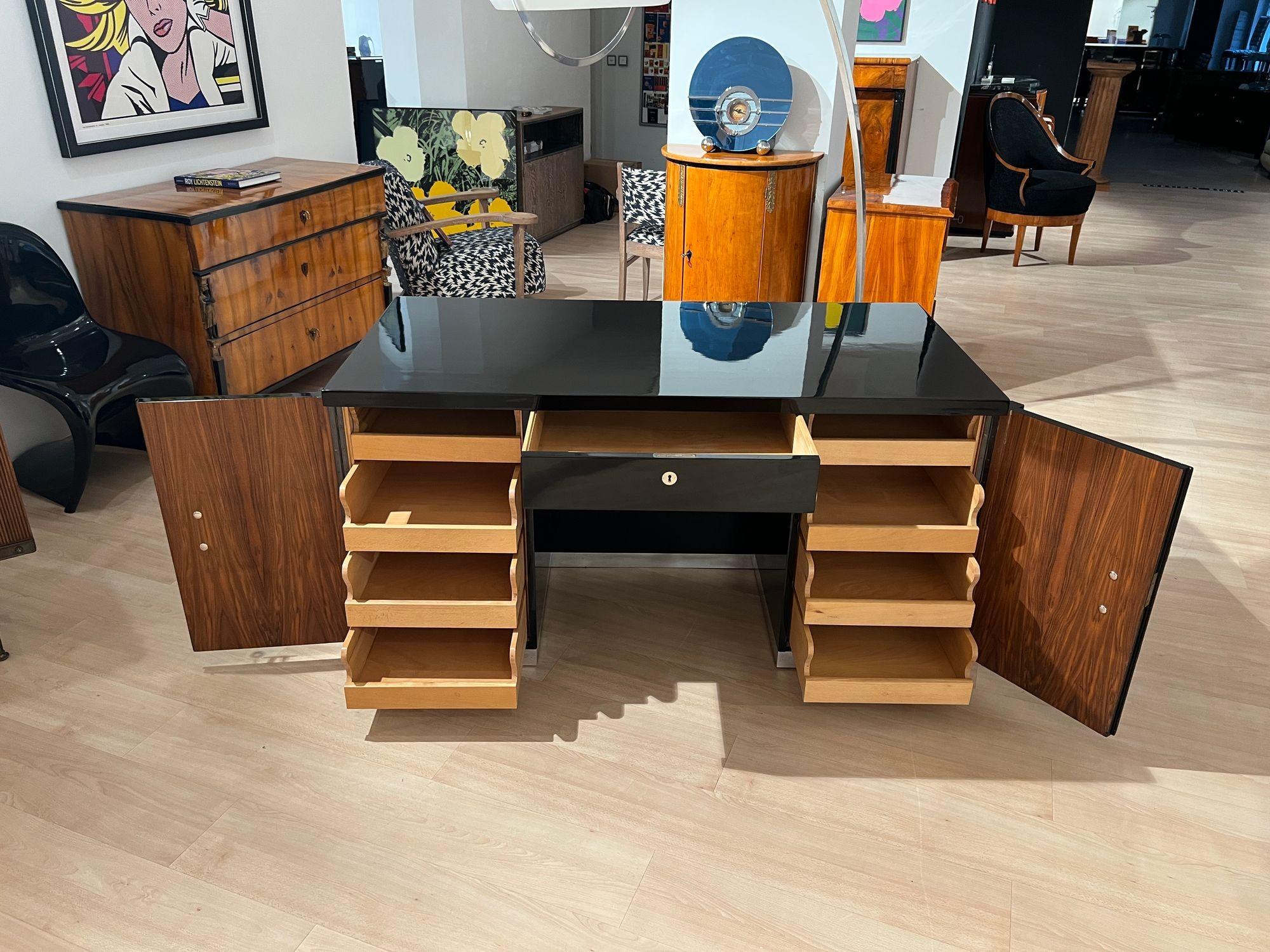 Art Deco Desk, Black Lacquer, Walnut, Metal, France, circa 1930/40 (Art déco) im Angebot
