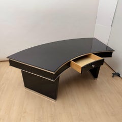Art Deco Desk, Black Lacquer, Walnut, Metal, France circa 1950