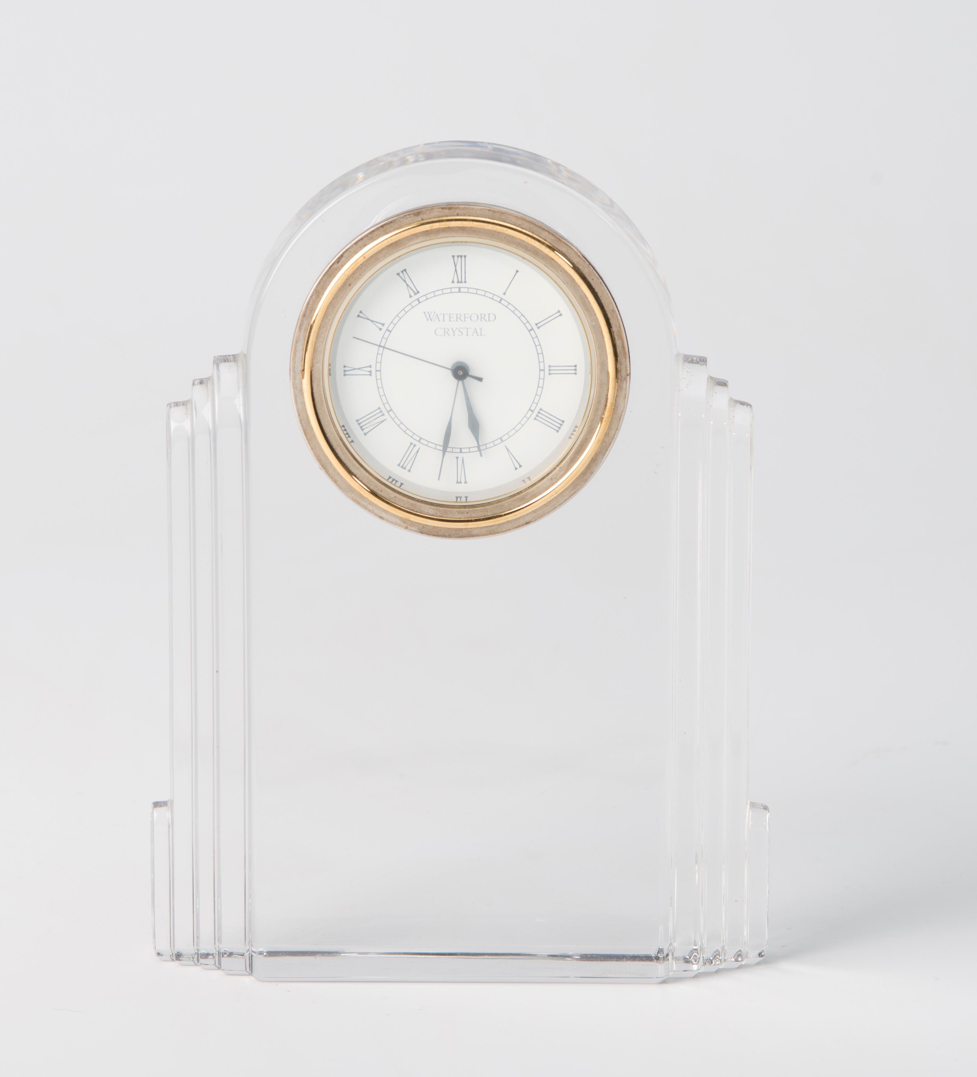 Polished Art Deco Desk Clock in Clear Crystal by Waterford For Sale