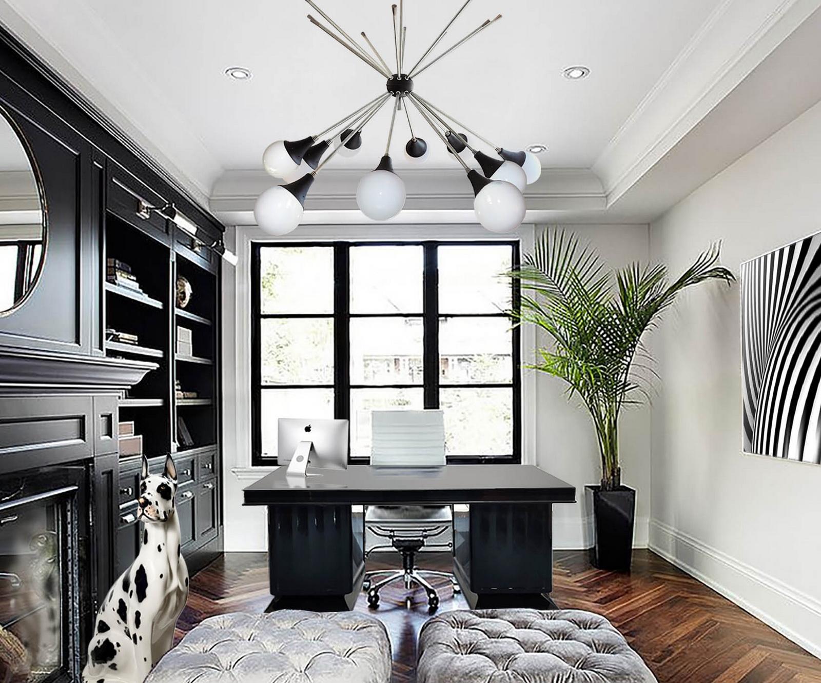 Black Art Deco desk with beautifully fluted french facade, fully refurbished in high glossy black lacquer. A unique masterpiece with fine details, made of two side compartments, elegantly resting on an flared base, featuring lockable doors, each