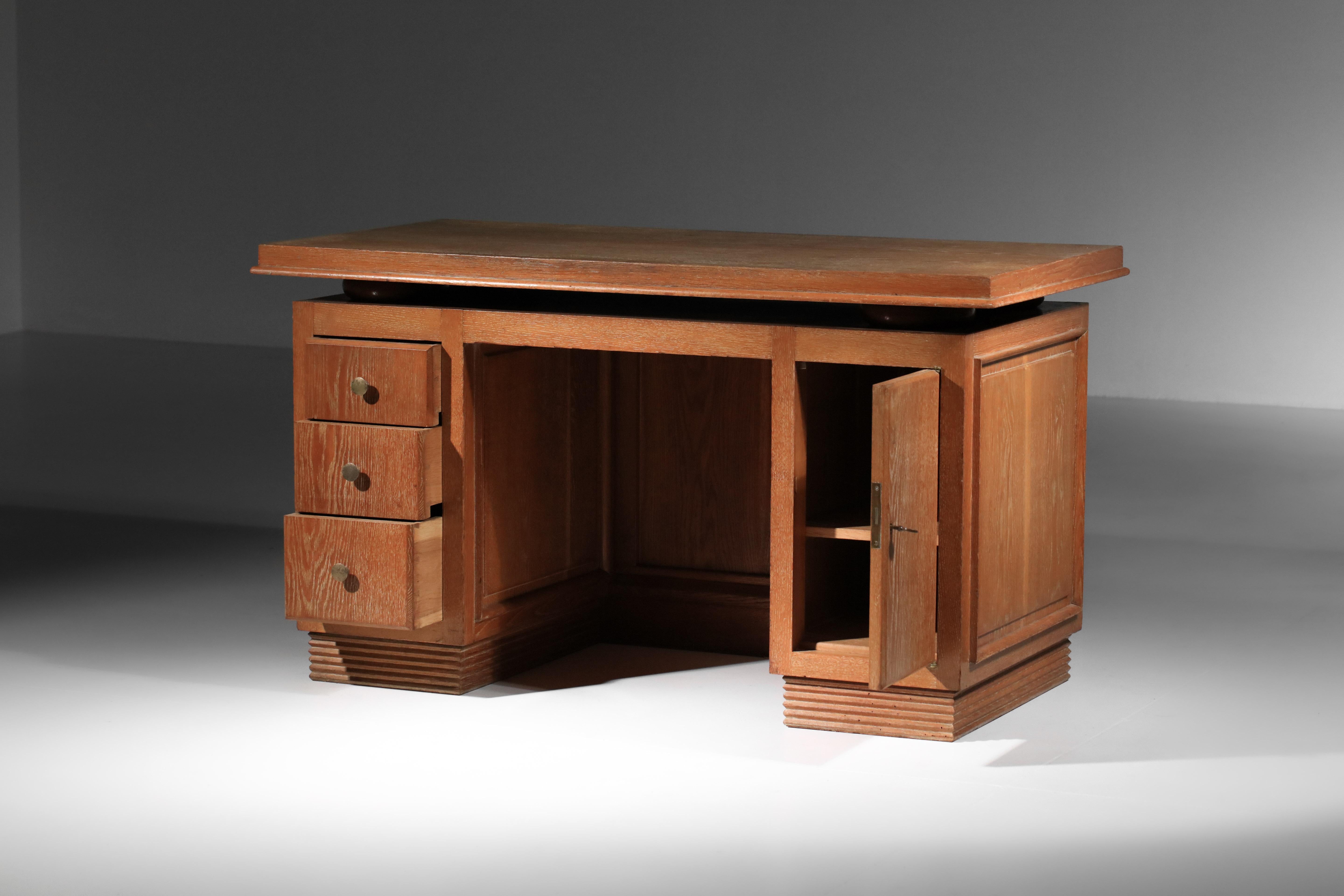 Brass art deco desk in ceruse oak from the 40s For Sale
