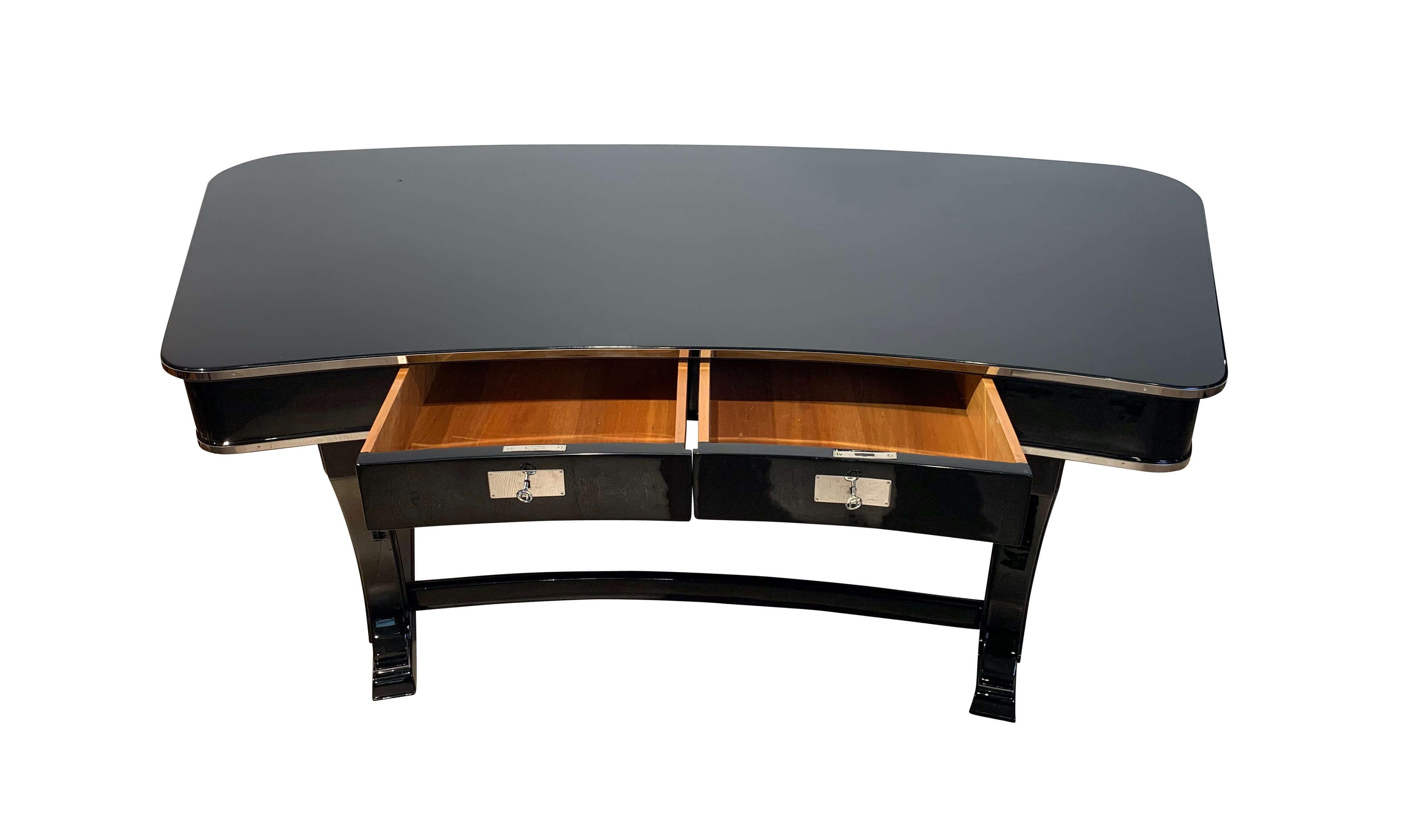 French Art Deco Desk in Kidney Shape, Restored, Black Lacquer, France