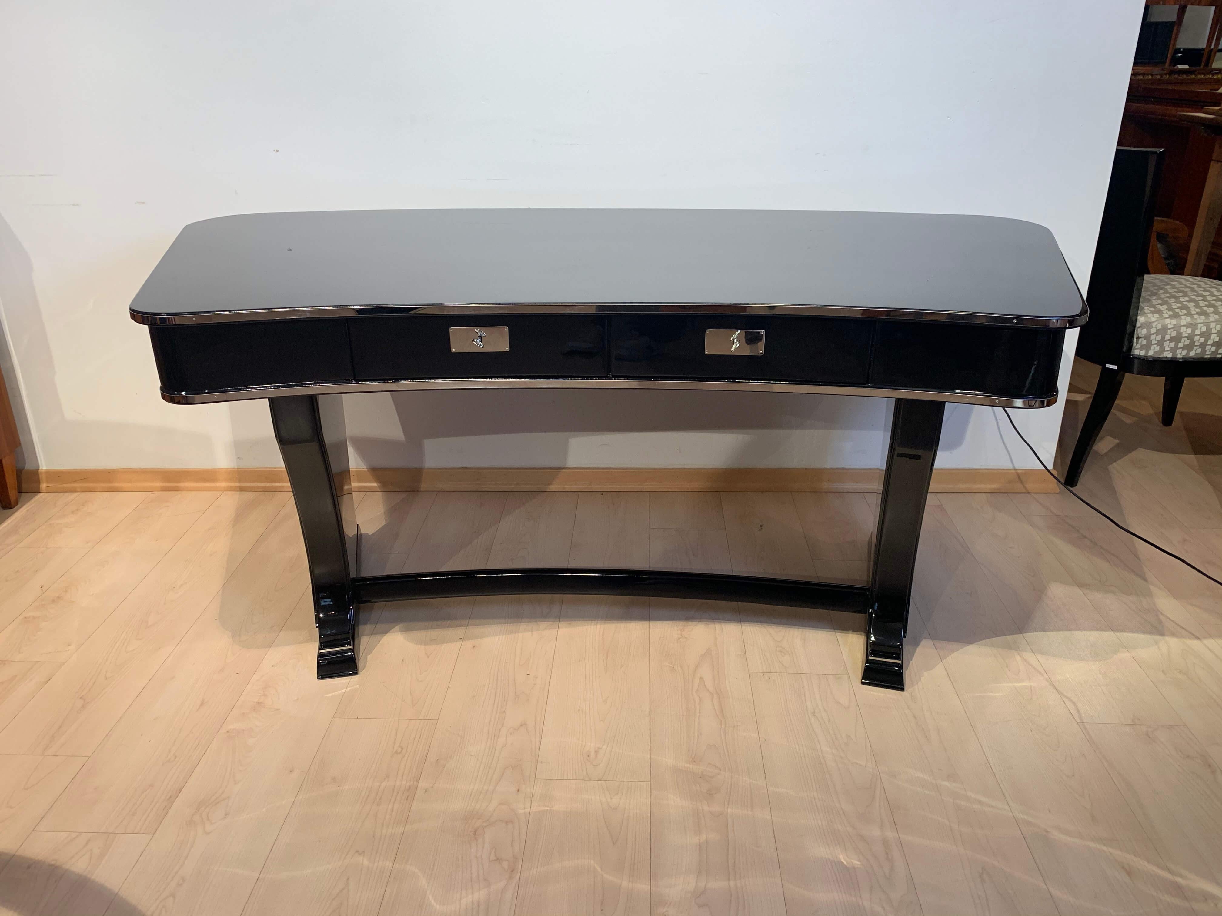 Art Deco Desk in Kidney Shape, Restored, Black Lacquer, France 1