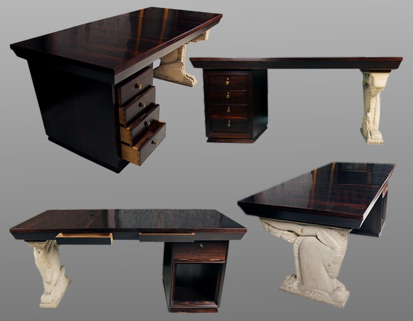 Beautiful double-sided Art Deco period desk in Macassar ebony, which one of the legs is a stone sculpture by Pierre Fournier des Corats (1884-1953). Signed.