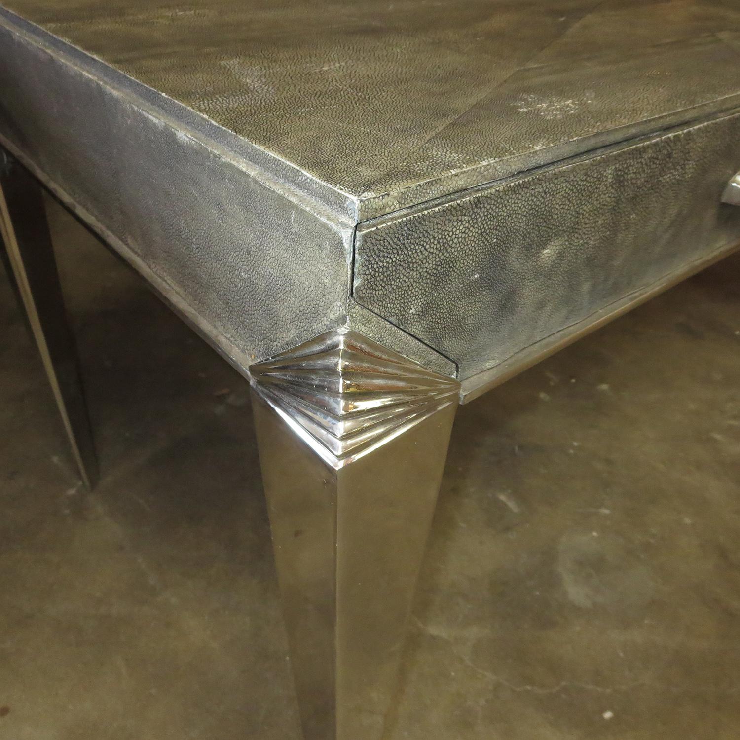 French Art Deco Desk in Shagreen and Polished Nickel For Sale