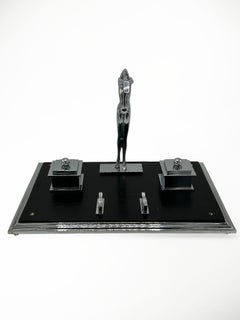 Art Deco Desk Inkwell with Female Figure and Chrome Details
