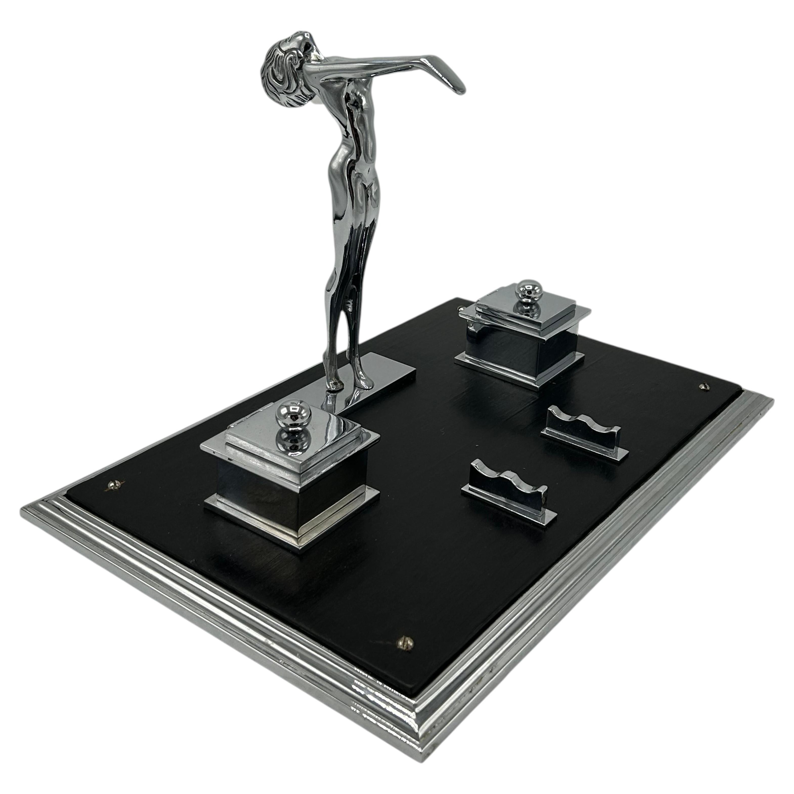 Art Deco Desk Inkwell with Female Figure and Chrome Details For Sale
