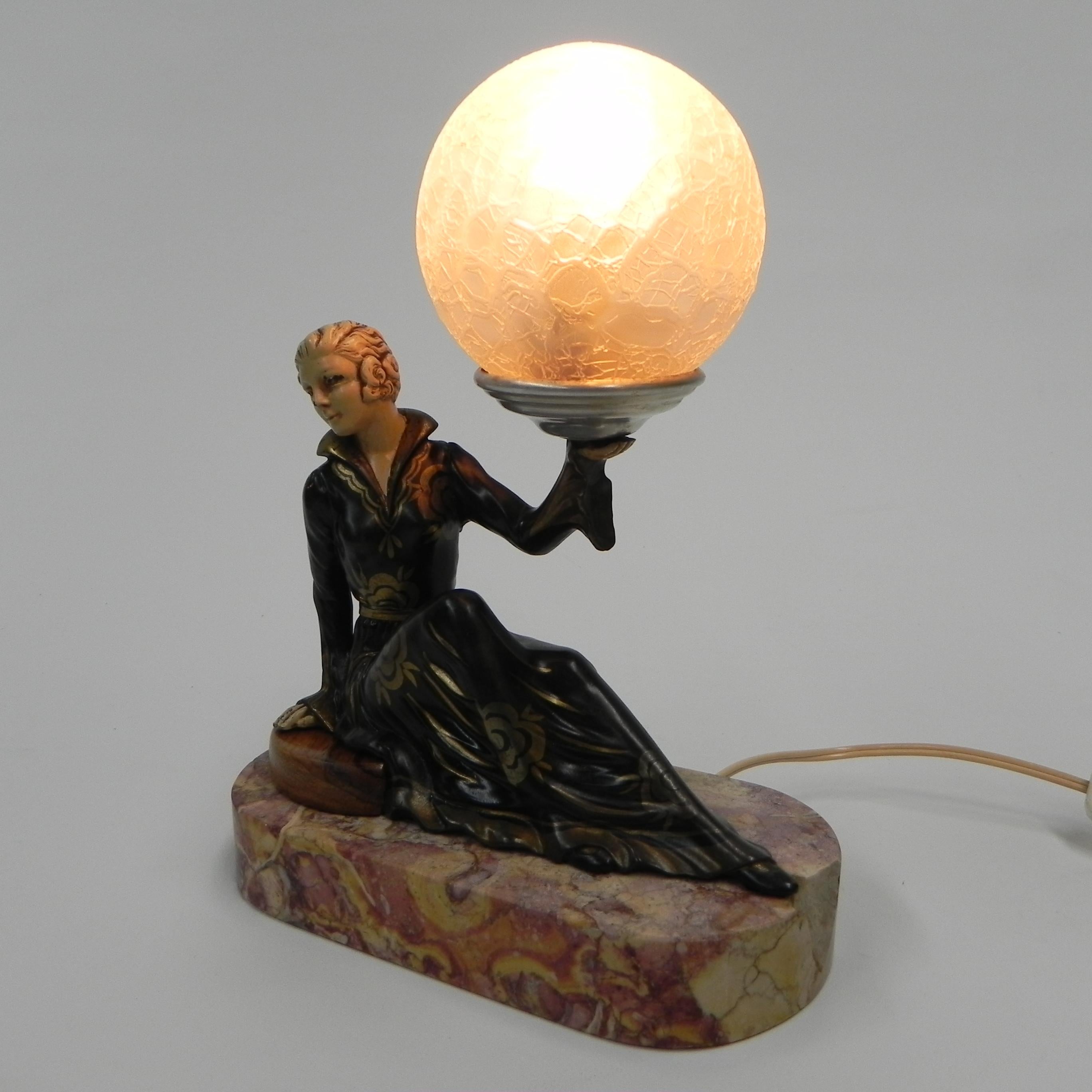 Art Deco desk lamp sitting woman with globe For Sale 9