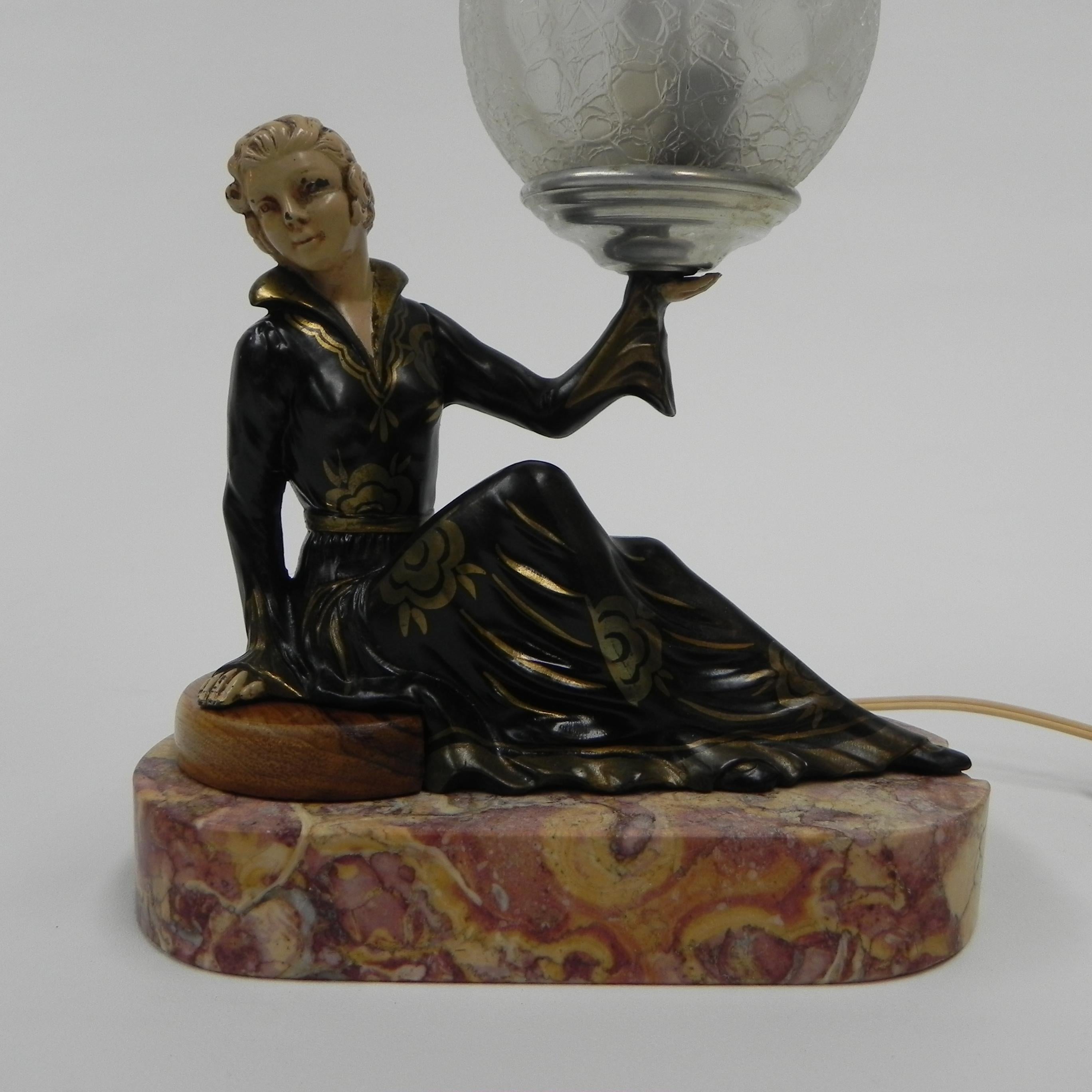 French Art Deco desk lamp sitting woman with globe For Sale