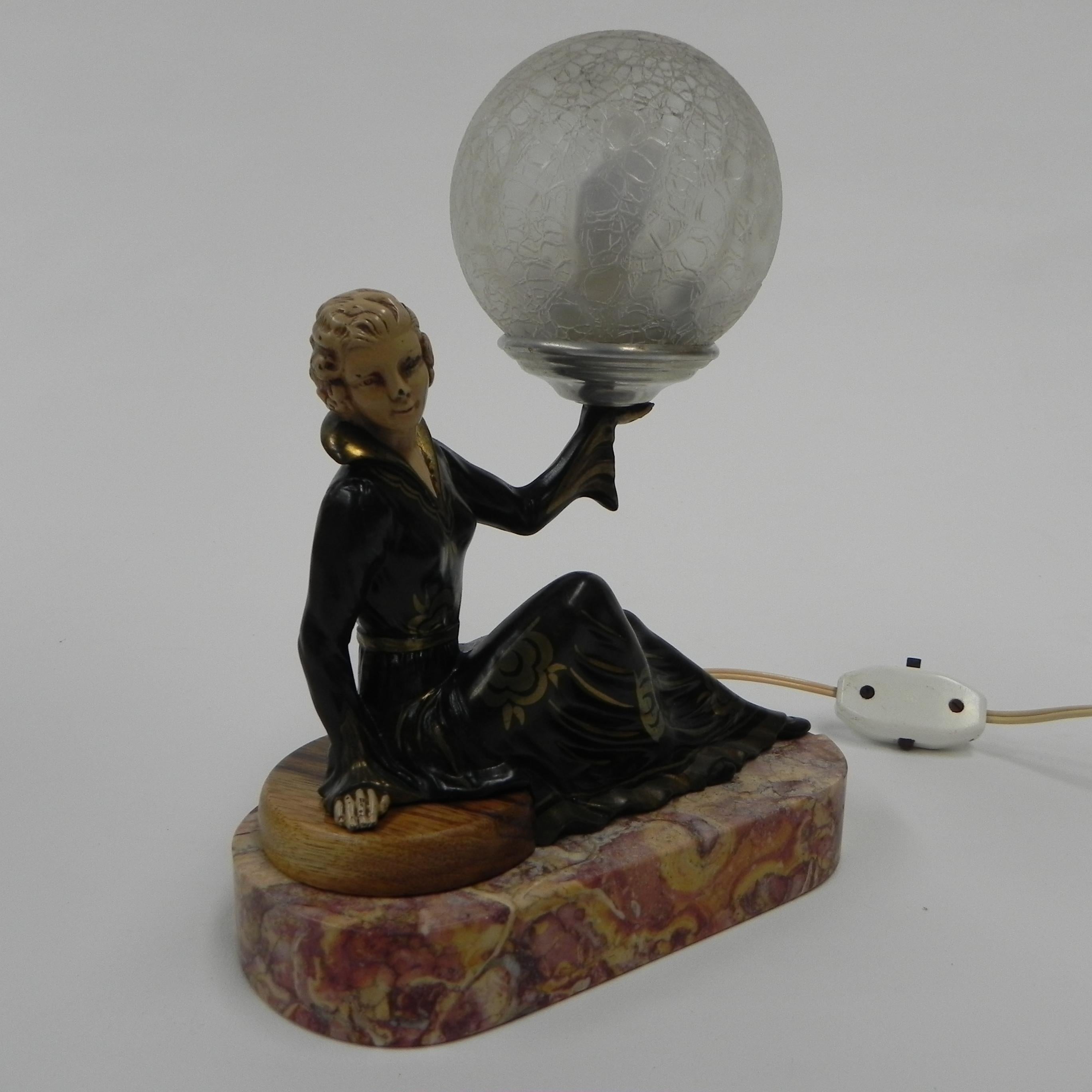 Glass Art Deco desk lamp sitting woman with globe For Sale