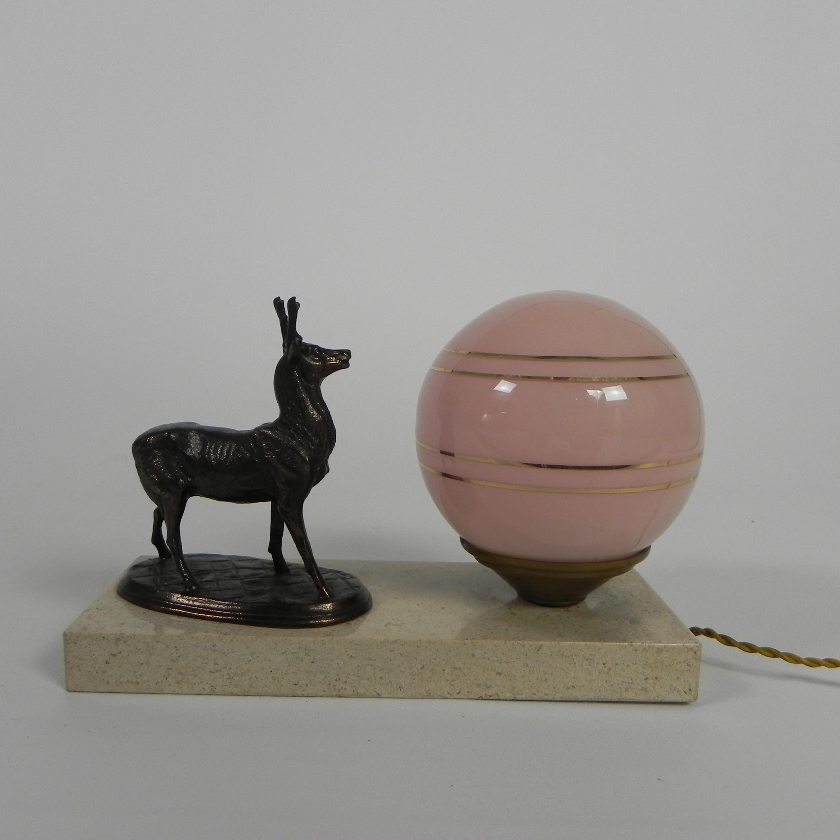 French Art Deco desk lamp with deer and glass ball, 1930s For Sale