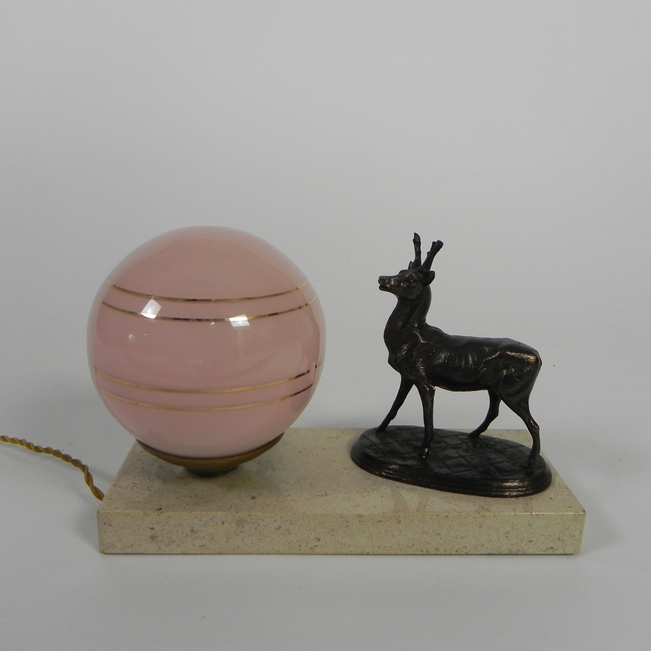 Metal Art Deco desk lamp with deer and glass ball, 1930s For Sale